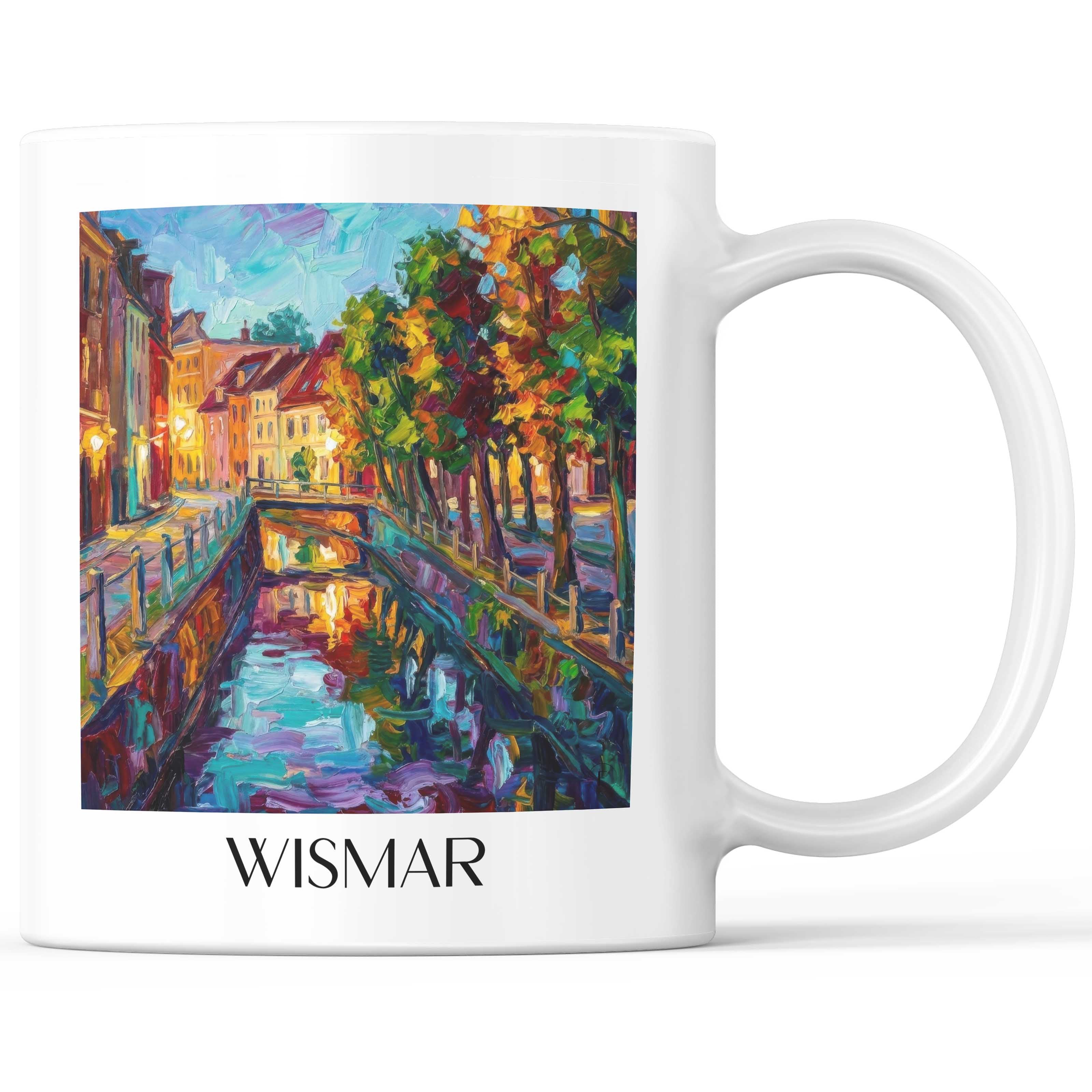 Wismar (bei Nacht) Kaffeebecher - Mecklenburg - Deutschland Becher - Kaffeetasse im Ölgemälde Stil