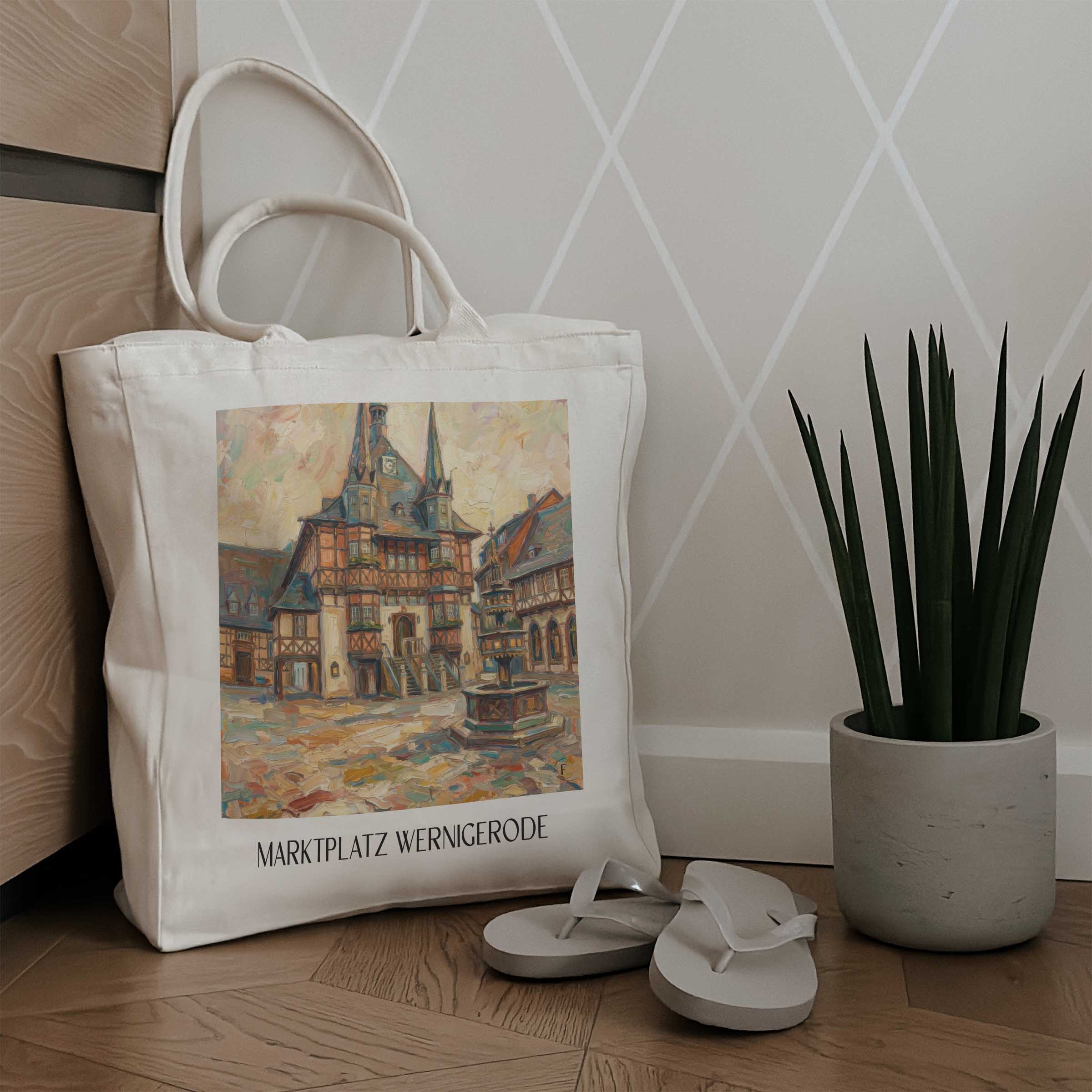 marktplatz-wernigerode-deutschland-einkaufstasche-oil-painting-oelgemaelde
