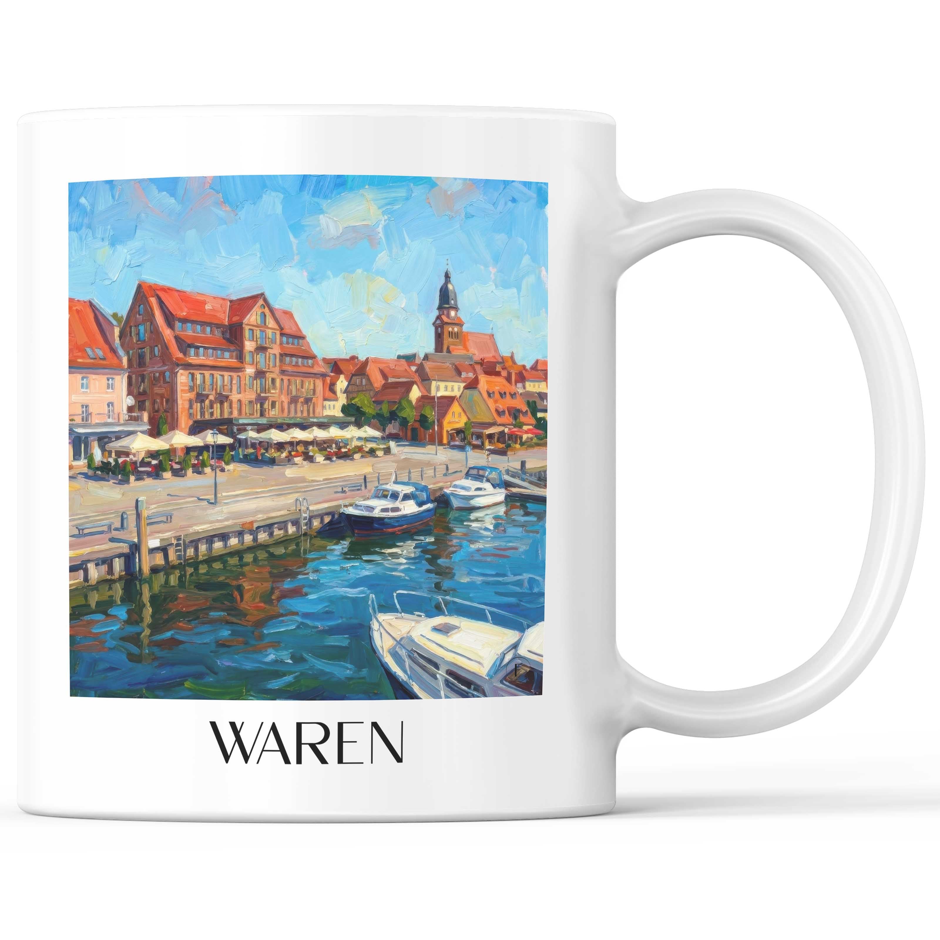 Waren Kaffeebecher - Mecklenburgische Seenplatte - Deutschland Becher - Kaffeetasse im Ölgemälde Stil