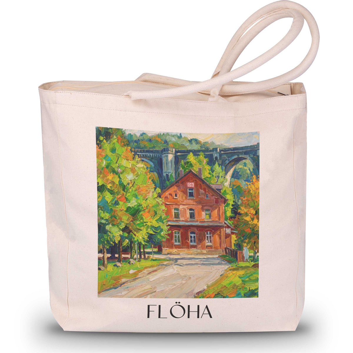 Flöha Shopping Tasche - Erzgebirgsvorland - Deutschland Tote Bag - Einkaufstasche im Ölgemälde Stil - favplace