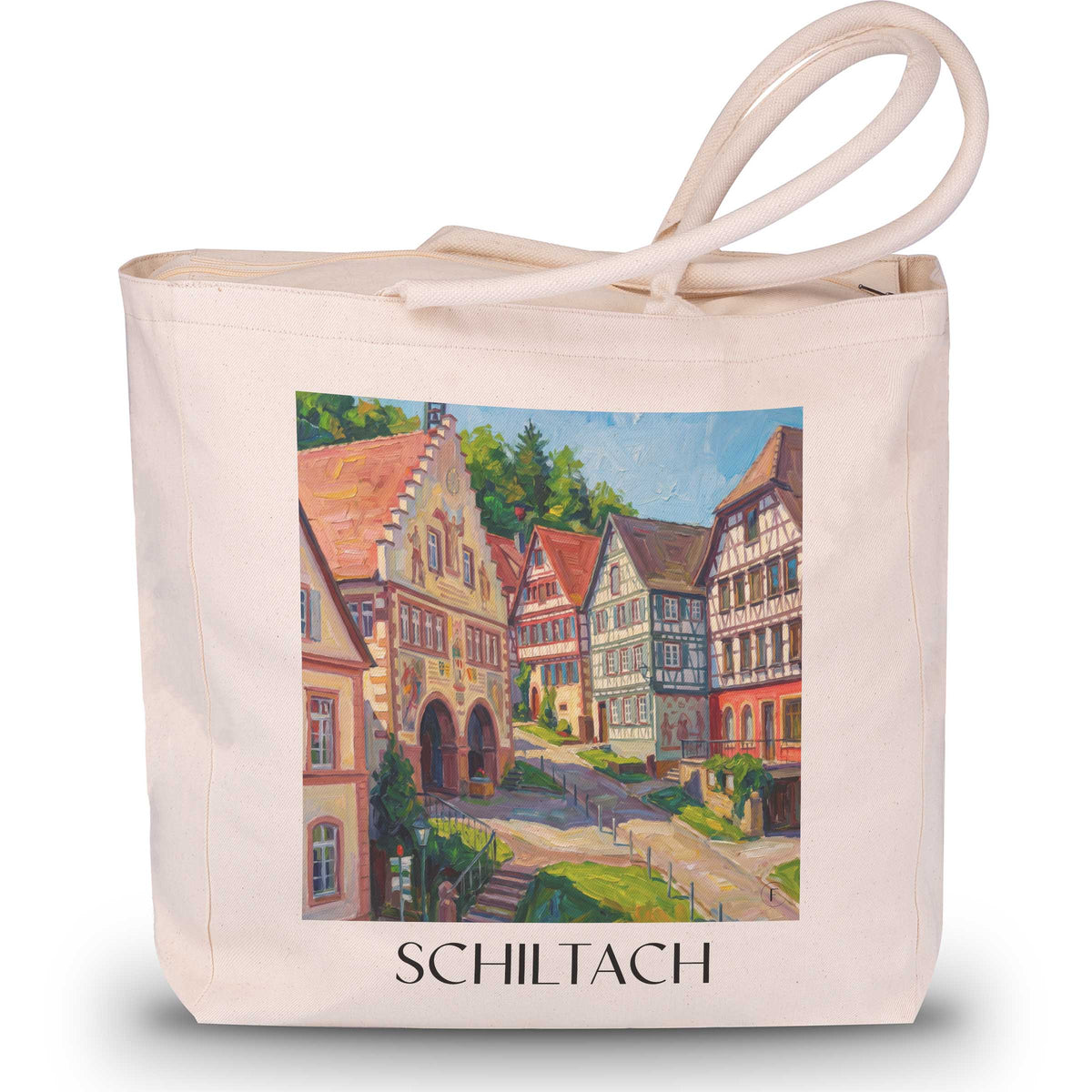 schiltach-schwarzwald-deutschland-einkaufstasche-oil-painting-oelgemaelde