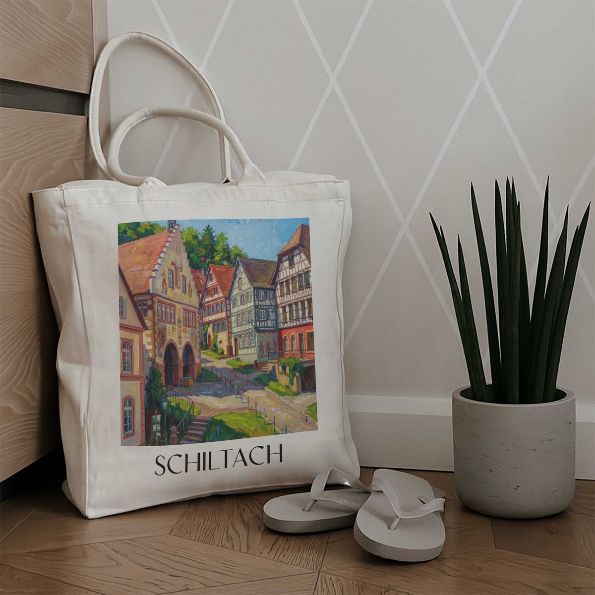 schiltach-schwarzwald-deutschland-einkaufstasche-oil-painting-oelgemaelde