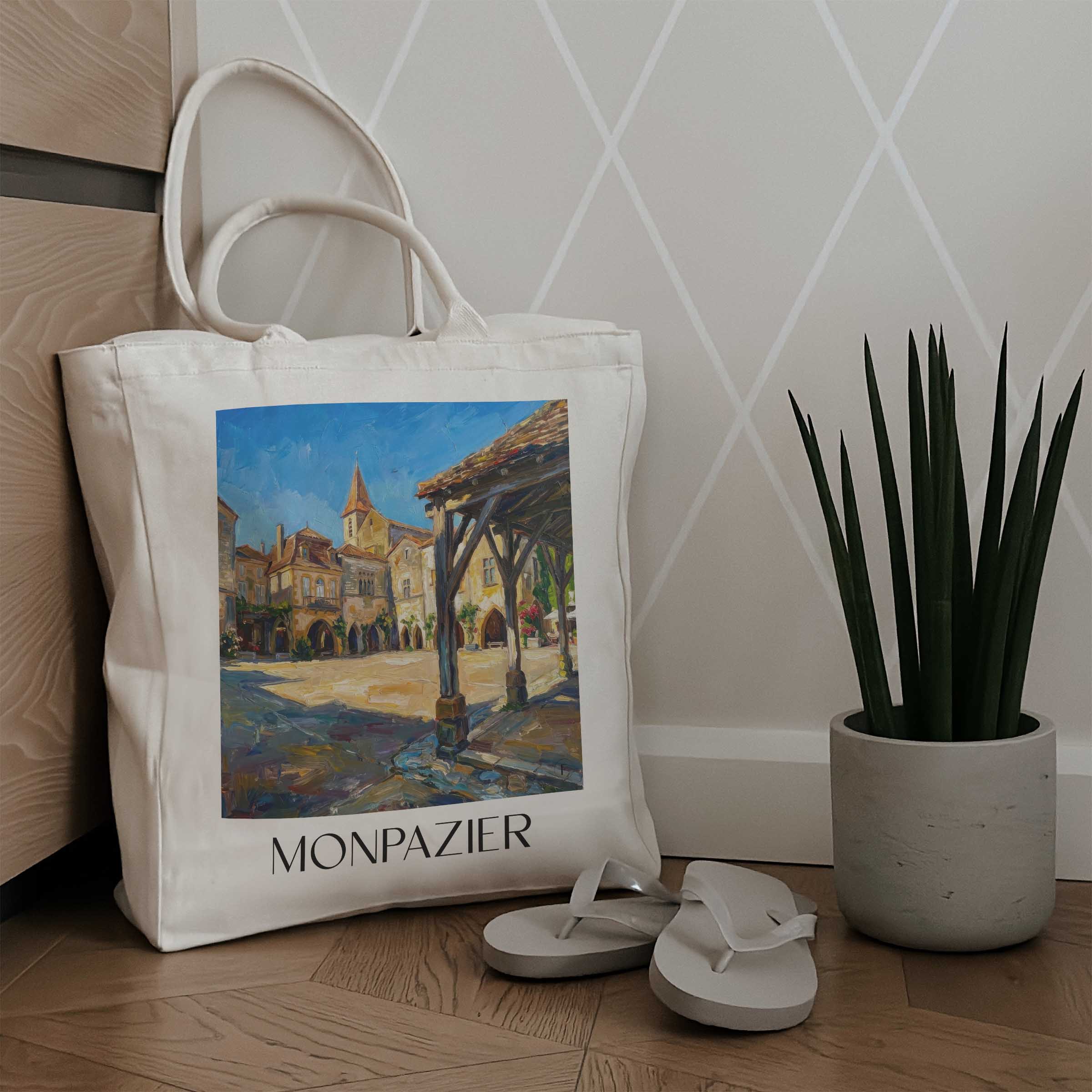 monpazier-périgord-pourpre-frankreich-einkaufstasche-oil-painting-oelgemaelde