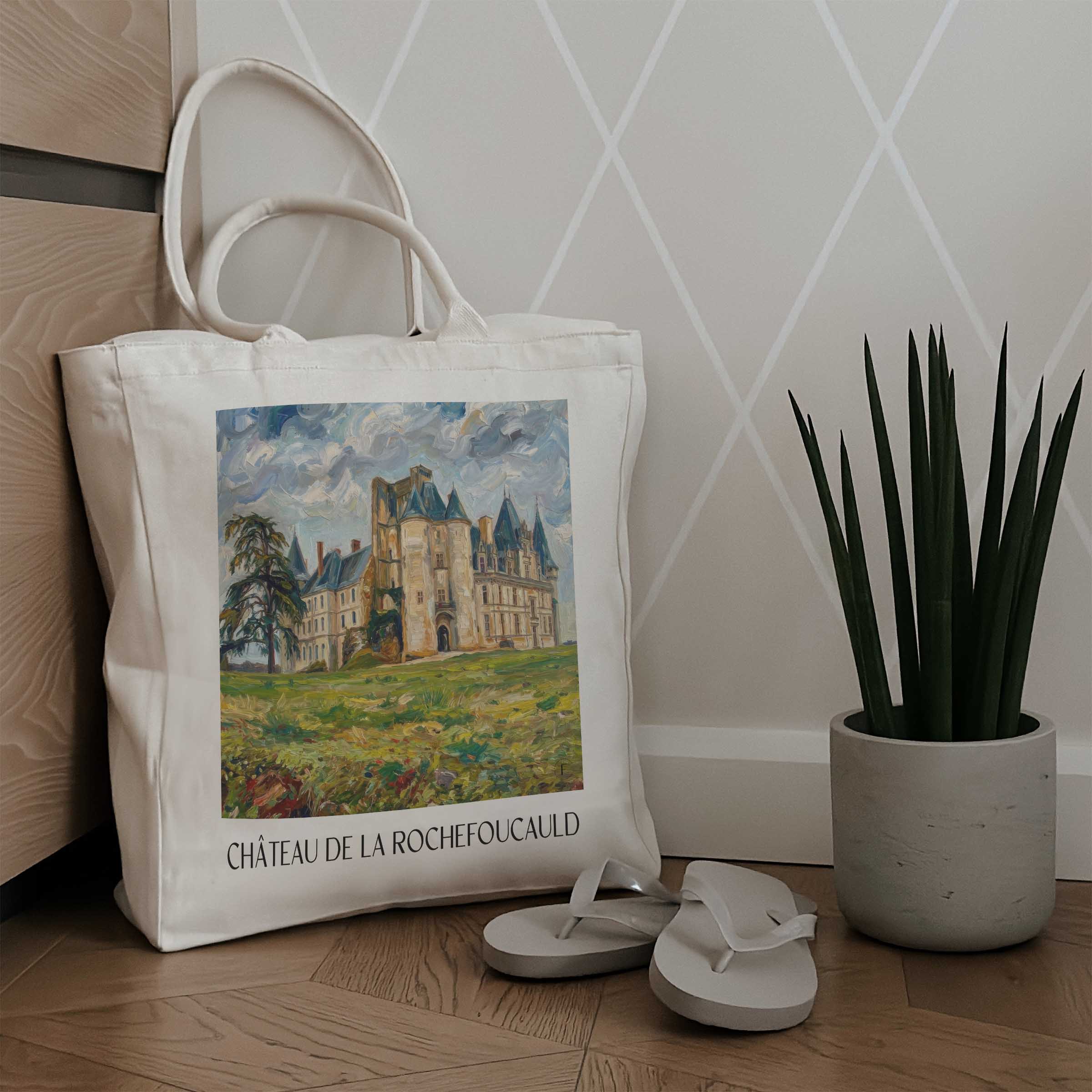 château-de-la-rochefoucauld-charente-frankreich-einkaufstasche-oil-painting-oelgemaelde