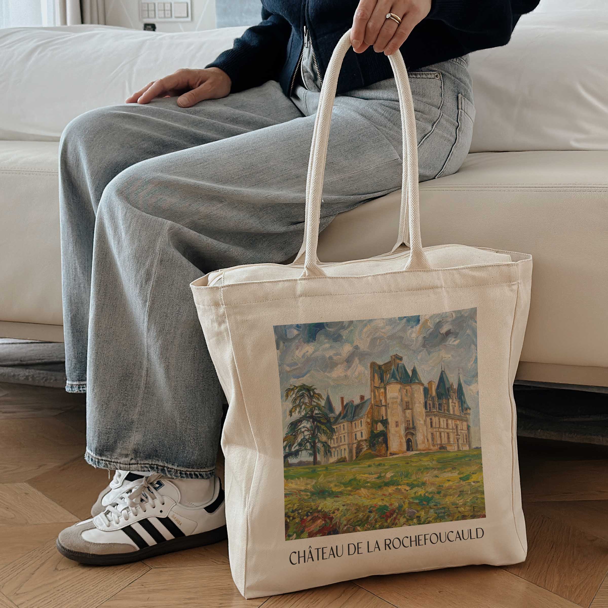 château-de-la-rochefoucauld-charente-frankreich-einkaufstasche-oil-painting-oelgemaelde