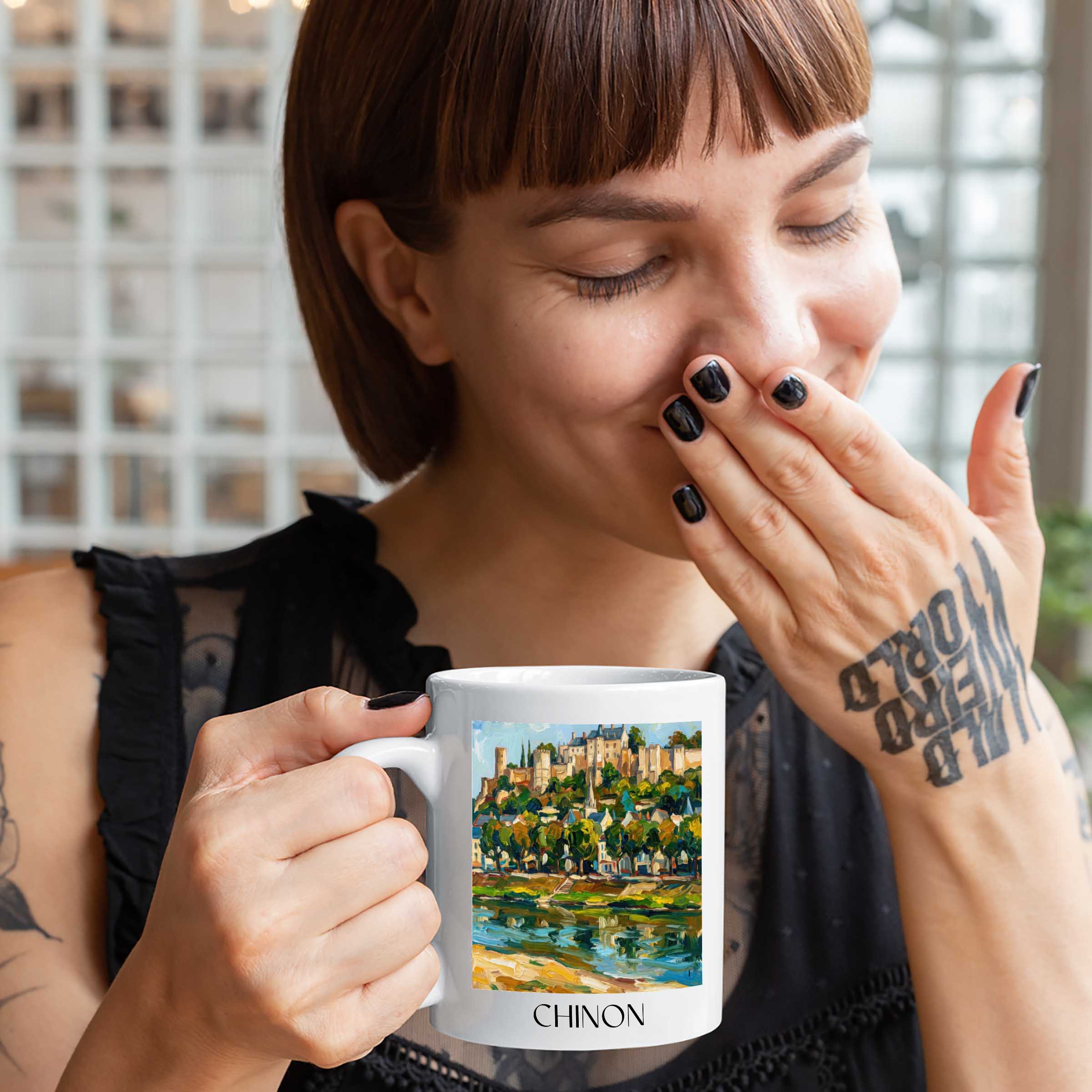 chinon-indre-et-loire-frankreich-kaffeebecher-oil-painting-oelgemaelde