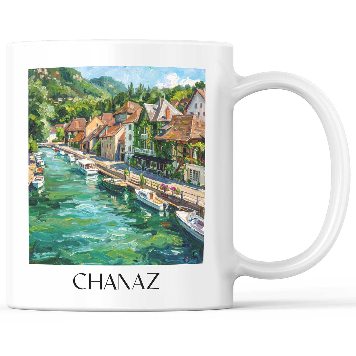 Chanaz Kaffeebecher - Canal de Savière - Frankreich Becher - Kaffeetasse im Ölgemälde Stil