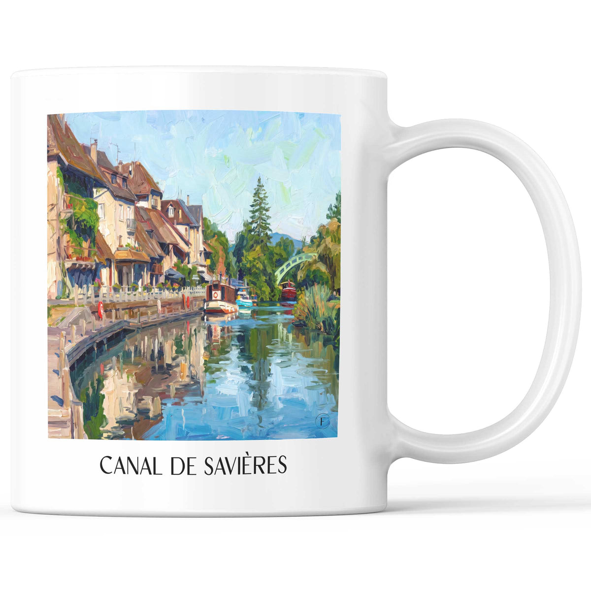 Canal de Savières Kaffeebecher - Bugey - Frankreich Becher - Kaffeetasse im Ölgemälde Stil
