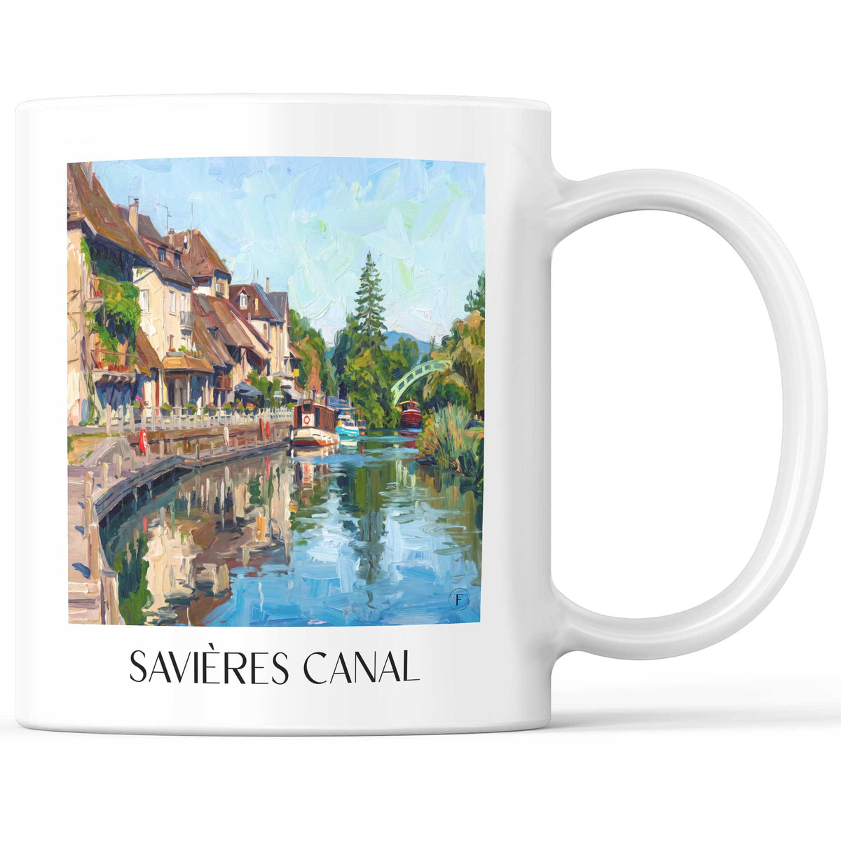 Canal de Savières Kaffeebecher - Bugey - Frankreich Becher - Kaffeetasse im Ölgemälde Stil
