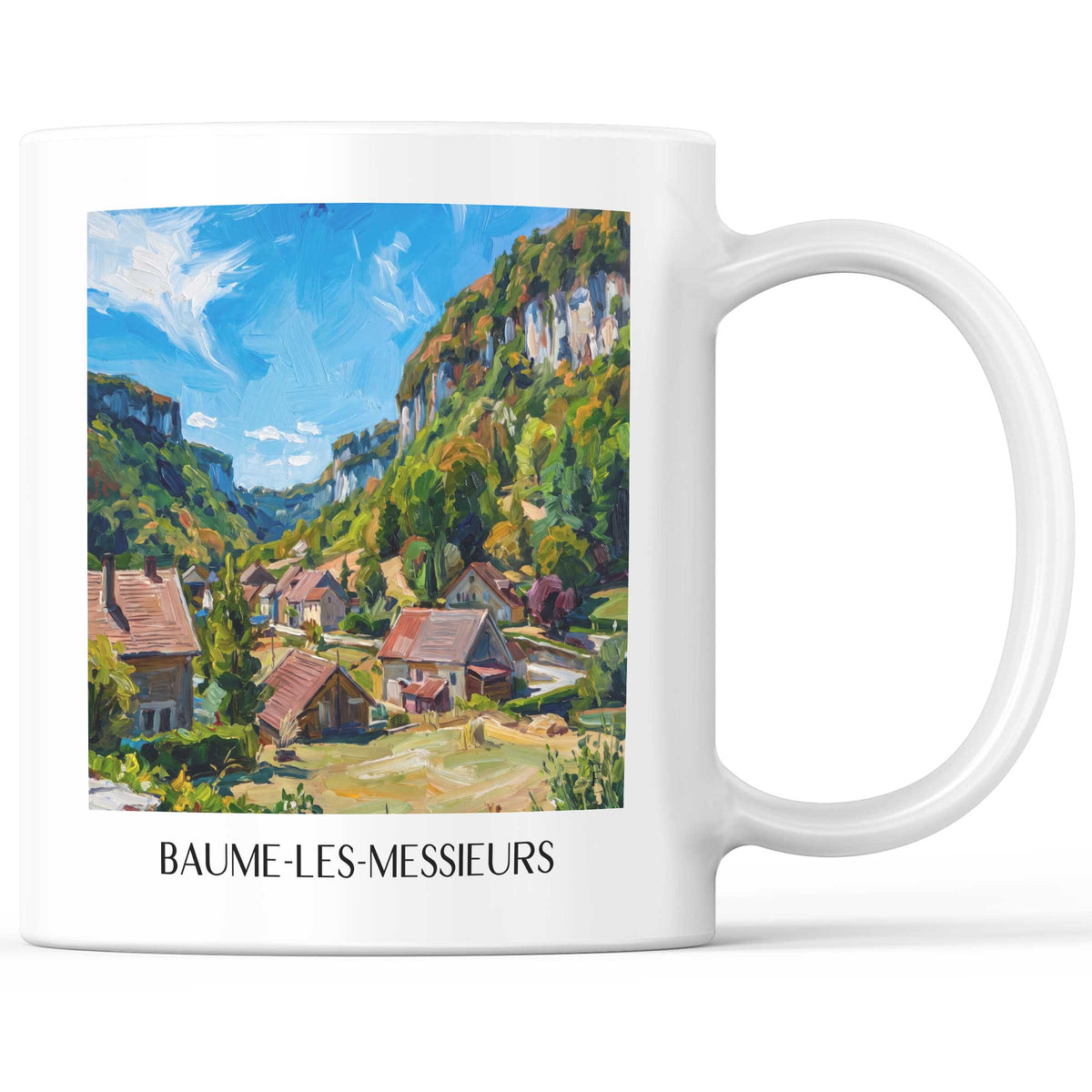 Baume-les-Messieurs Kaffeebecher - Vignoble du Jura - Frankreich Becher - Kaffeetasse im Ölgemälde Stil