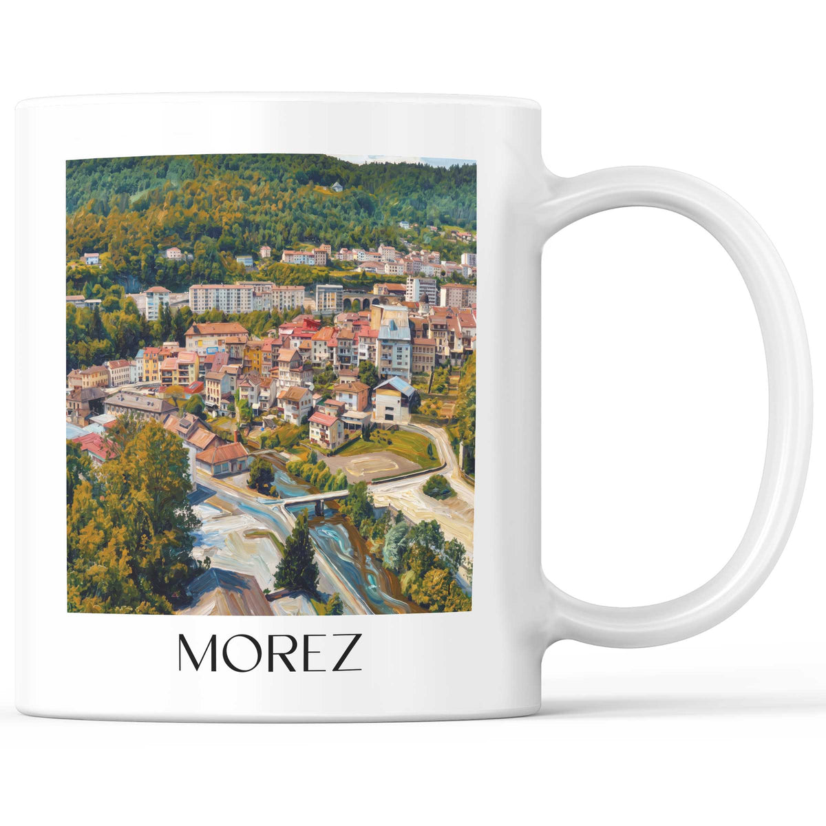Morez Kaffeebecher - Jura - Frankreich Becher - Kaffeetasse im Ölgemälde Stil