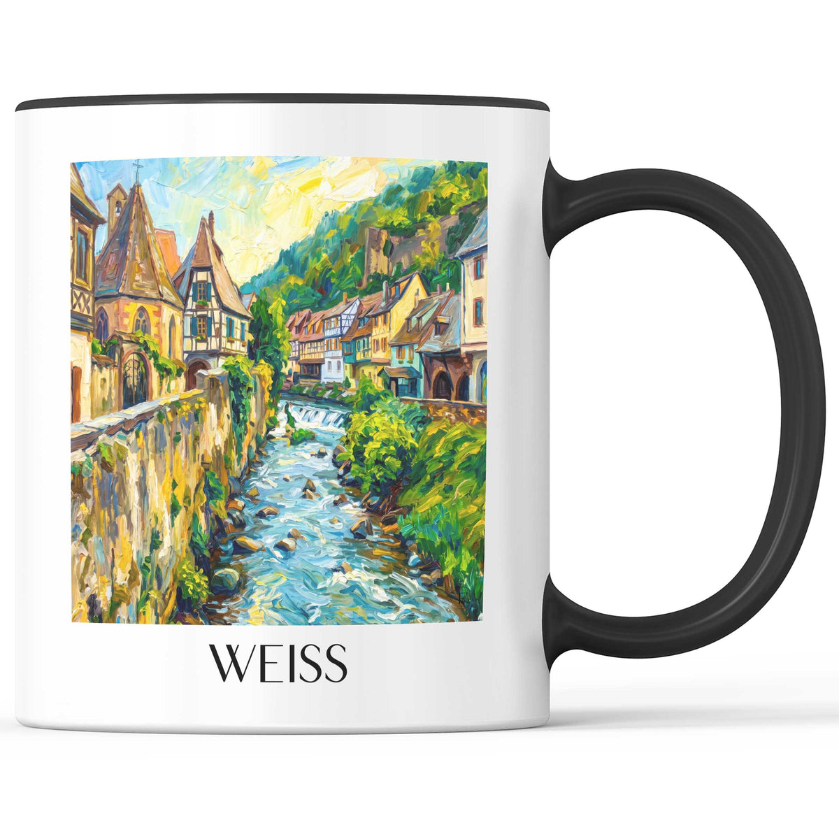 Weiss Kaffeebecher - Kayserberg - Frankreich Becher - Kaffeetasse im Ölgemälde Stil