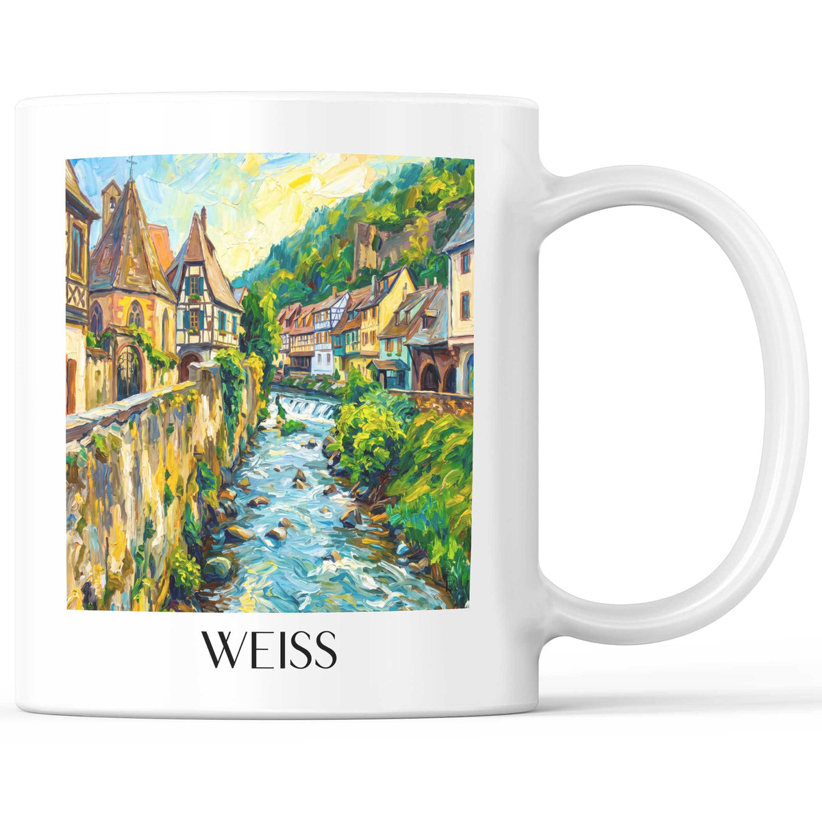 Weiss Kaffeebecher - Kayserberg - Frankreich Becher - Kaffeetasse im Ölgemälde Stil