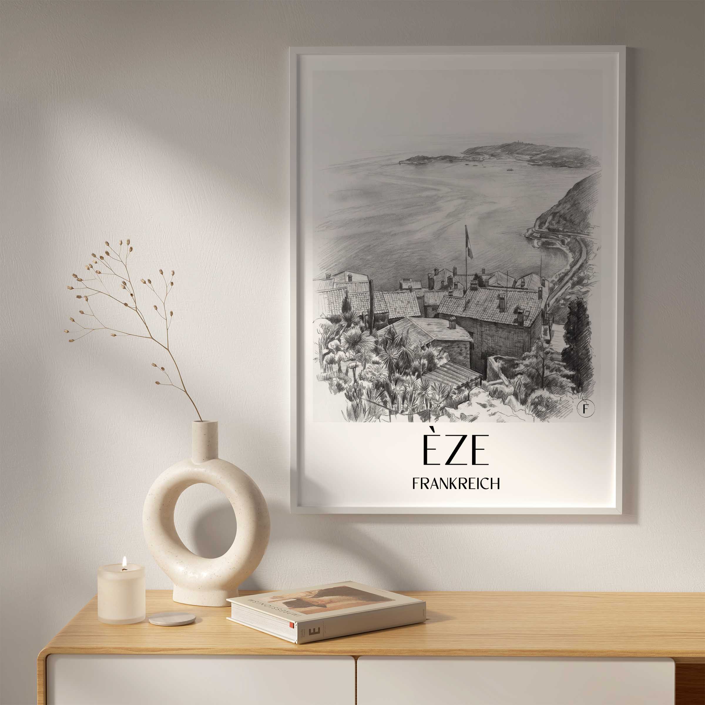 èze-frankreich-poster-bleistift-zeichnung-drawing