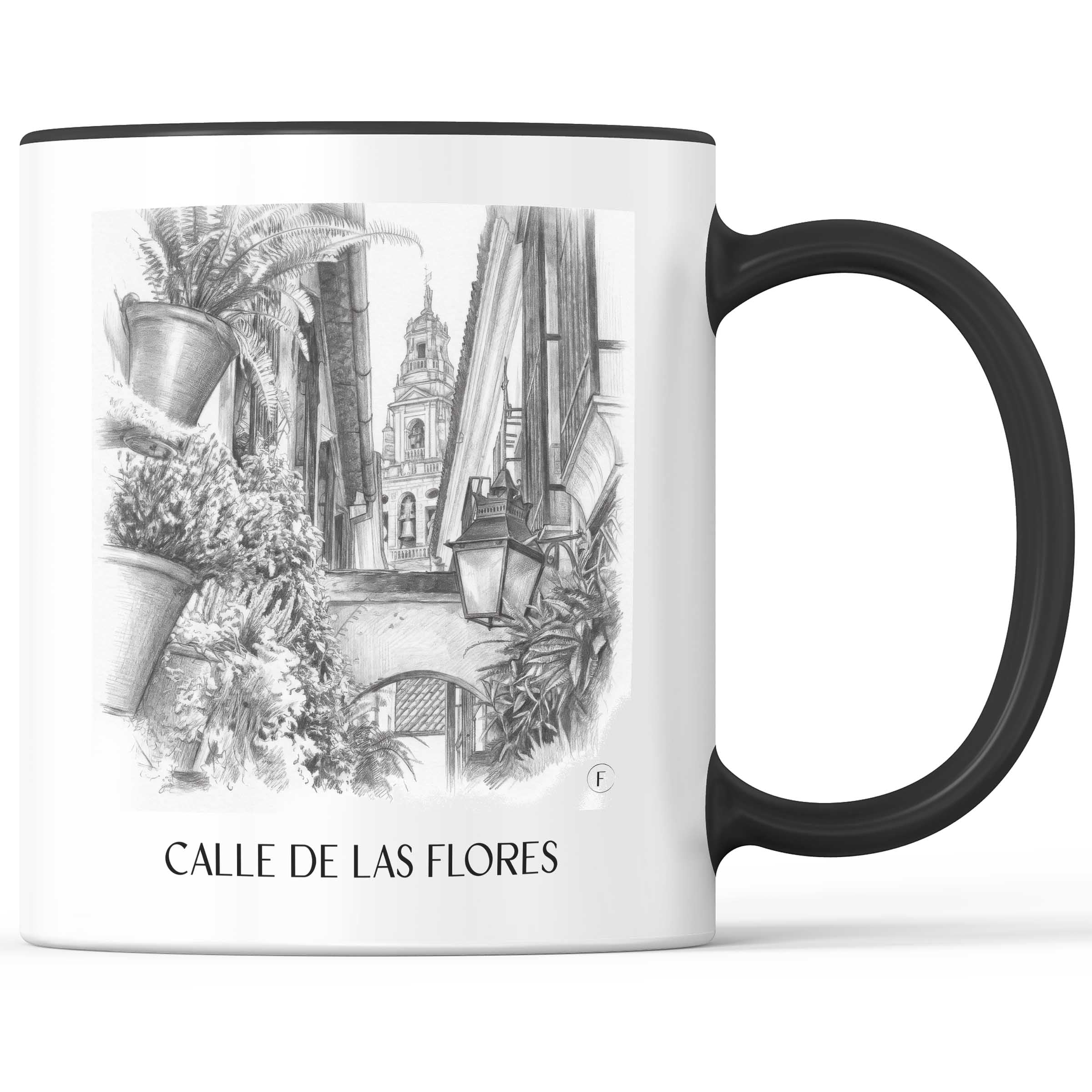 calle-de-las-flores-córdoba-spanien-kaffeebecher-bleistift-zeichnung-drawing