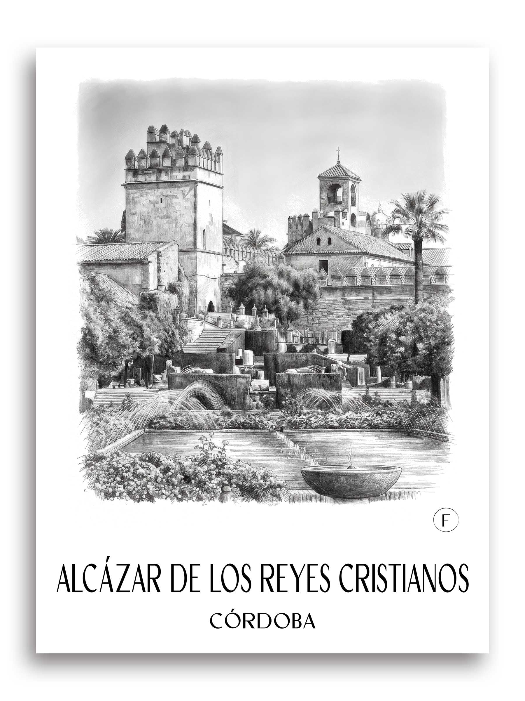 alcázar-de-los-reyes-cristianos-córdoba-spanien-poster-bleistift-zeichnung-drawing