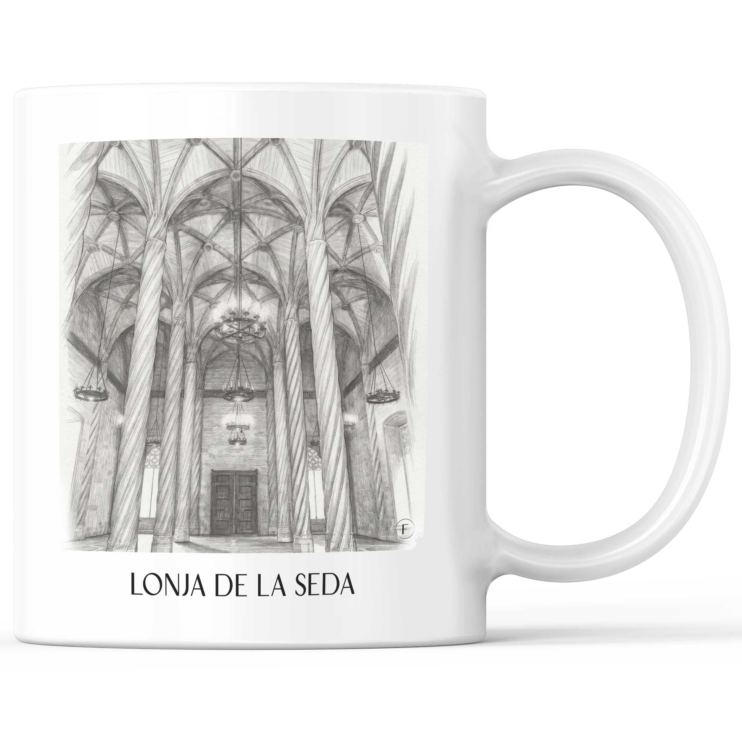 Lonja de la Seda Kaffeebecher - Valencia - Spanien Becher - Kaffeetasse im Zeichnung Stil