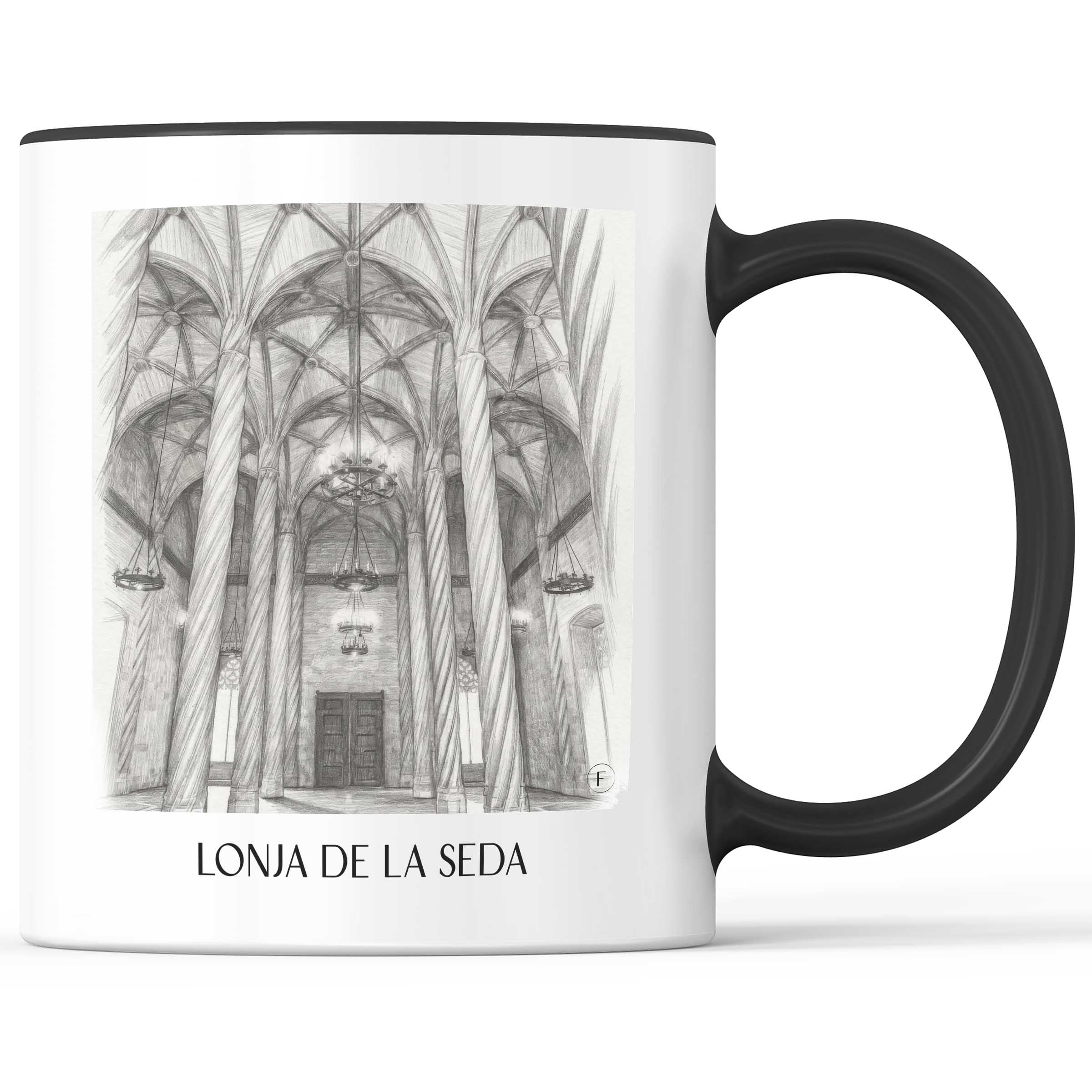 Lonja de la Seda Kaffeebecher - Valencia - Spanien Becher - Kaffeetasse im Zeichnung Stil