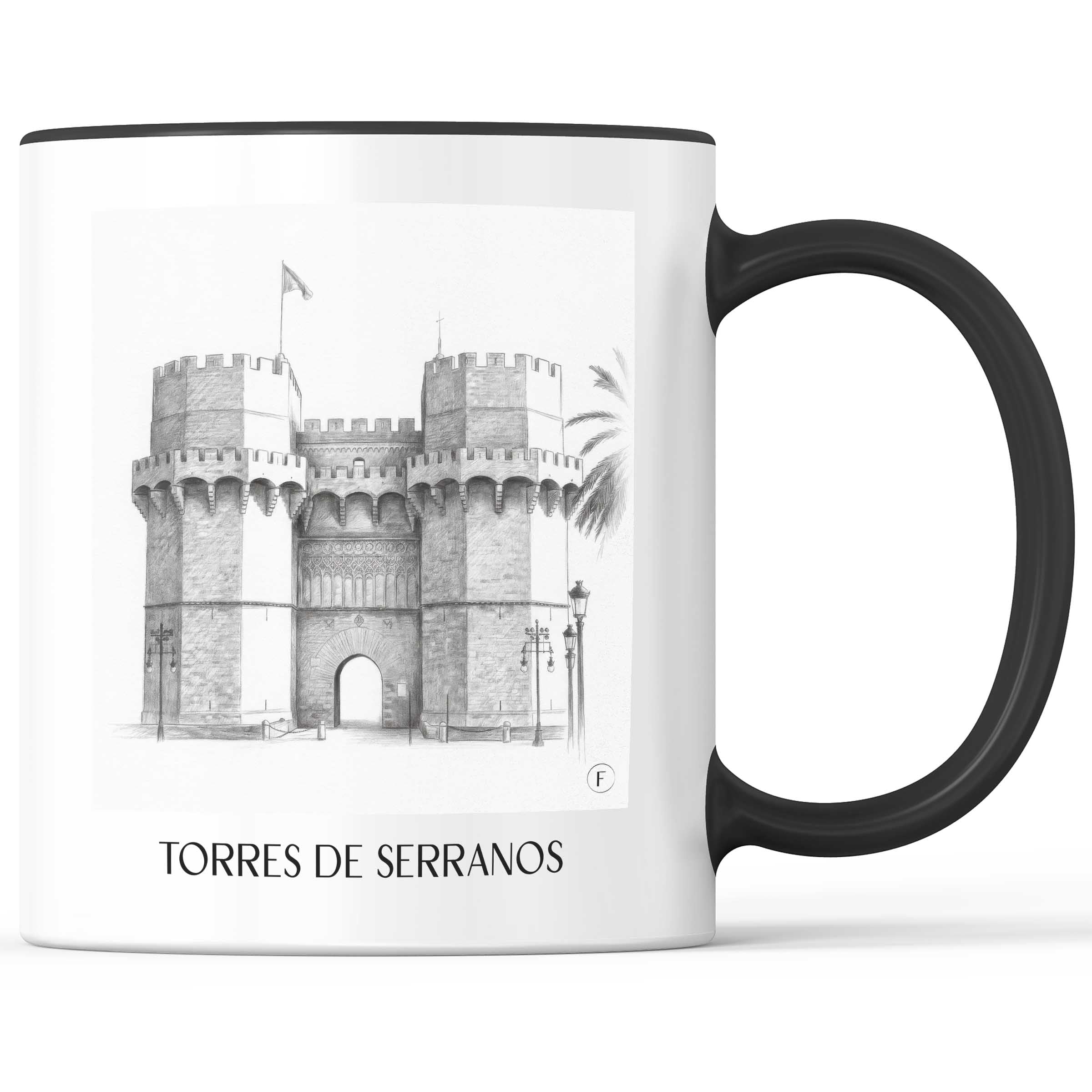 Torres de Serranos Kaffeebecher - Valencia - Spanien Becher - Kaffeetasse im Zeichnung Stil