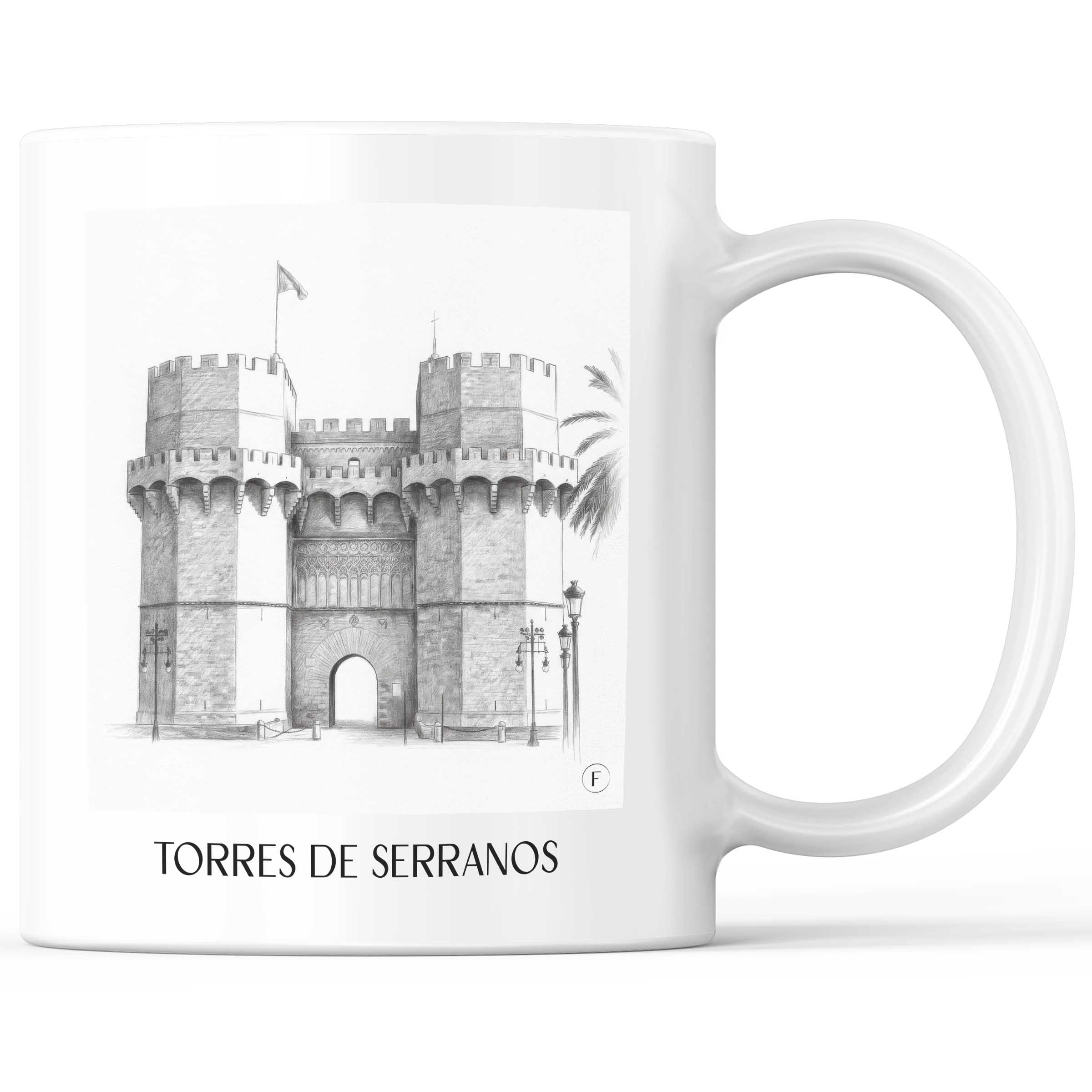 Torres de Serranos Kaffeebecher - Valencia - Spanien Becher - Kaffeetasse im Zeichnung Stil