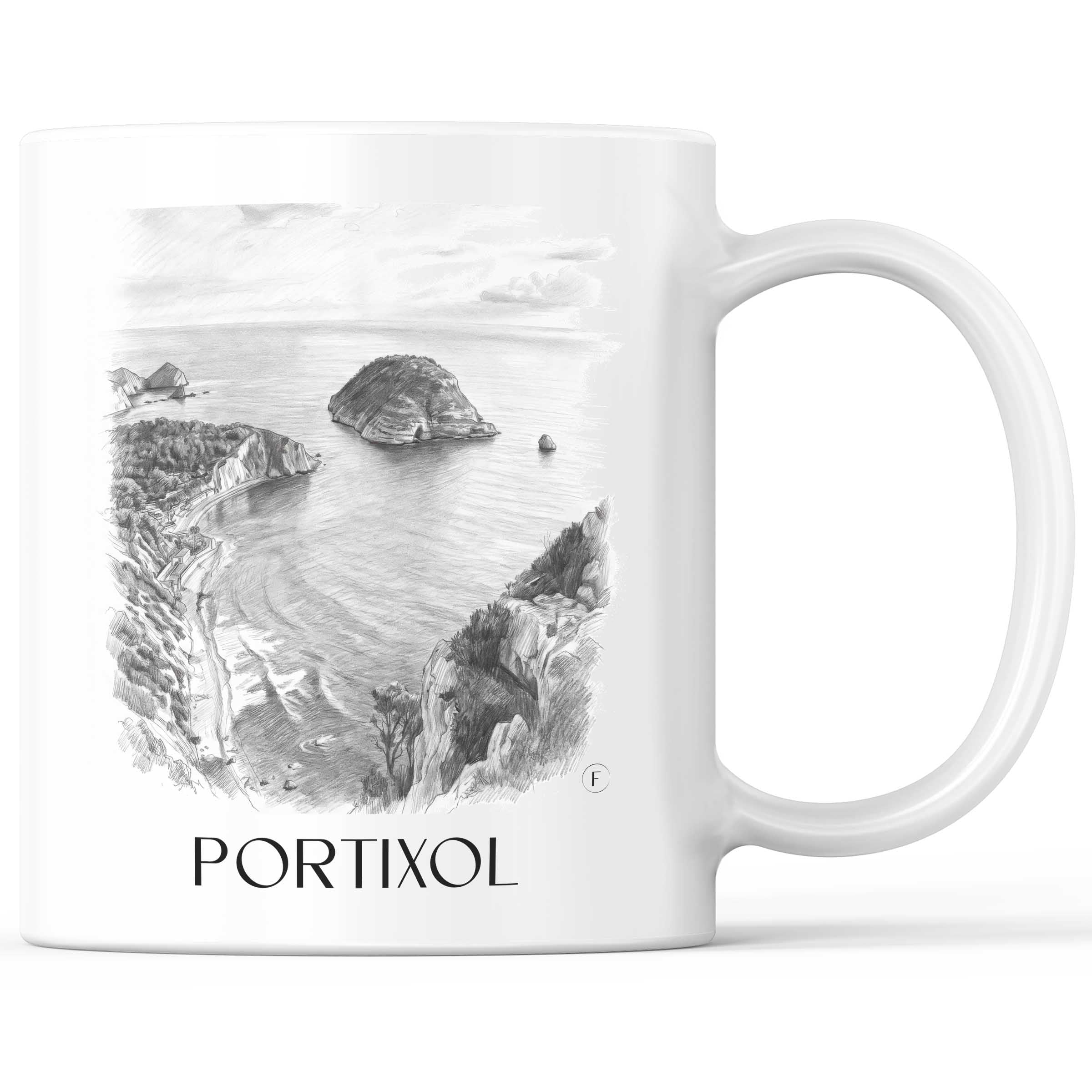 Portixol Kaffeebecher - Javea - Spanien Becher - Kaffeetasse im Zeichnung Stil