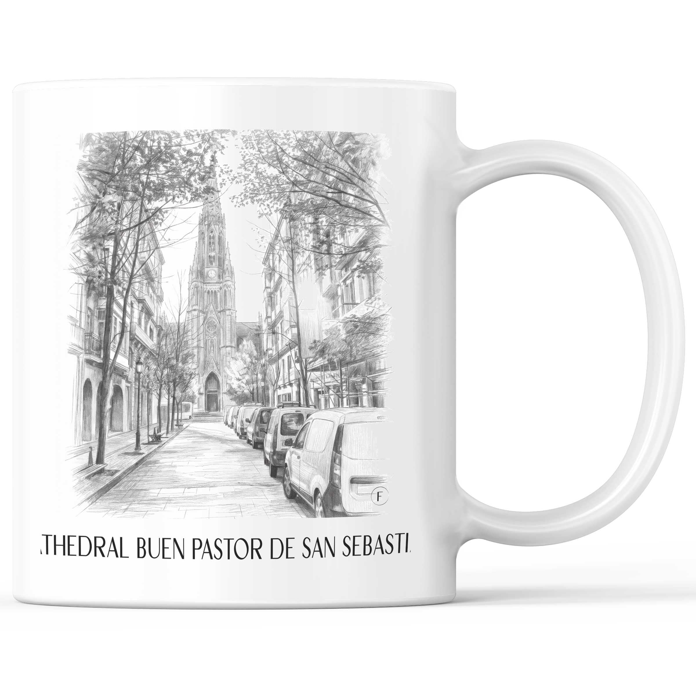 Cathedral Buen Pastor Kaffeebecher - San Sebastián - Spanien Becher - Kaffeetasse im Zeichnung Stil