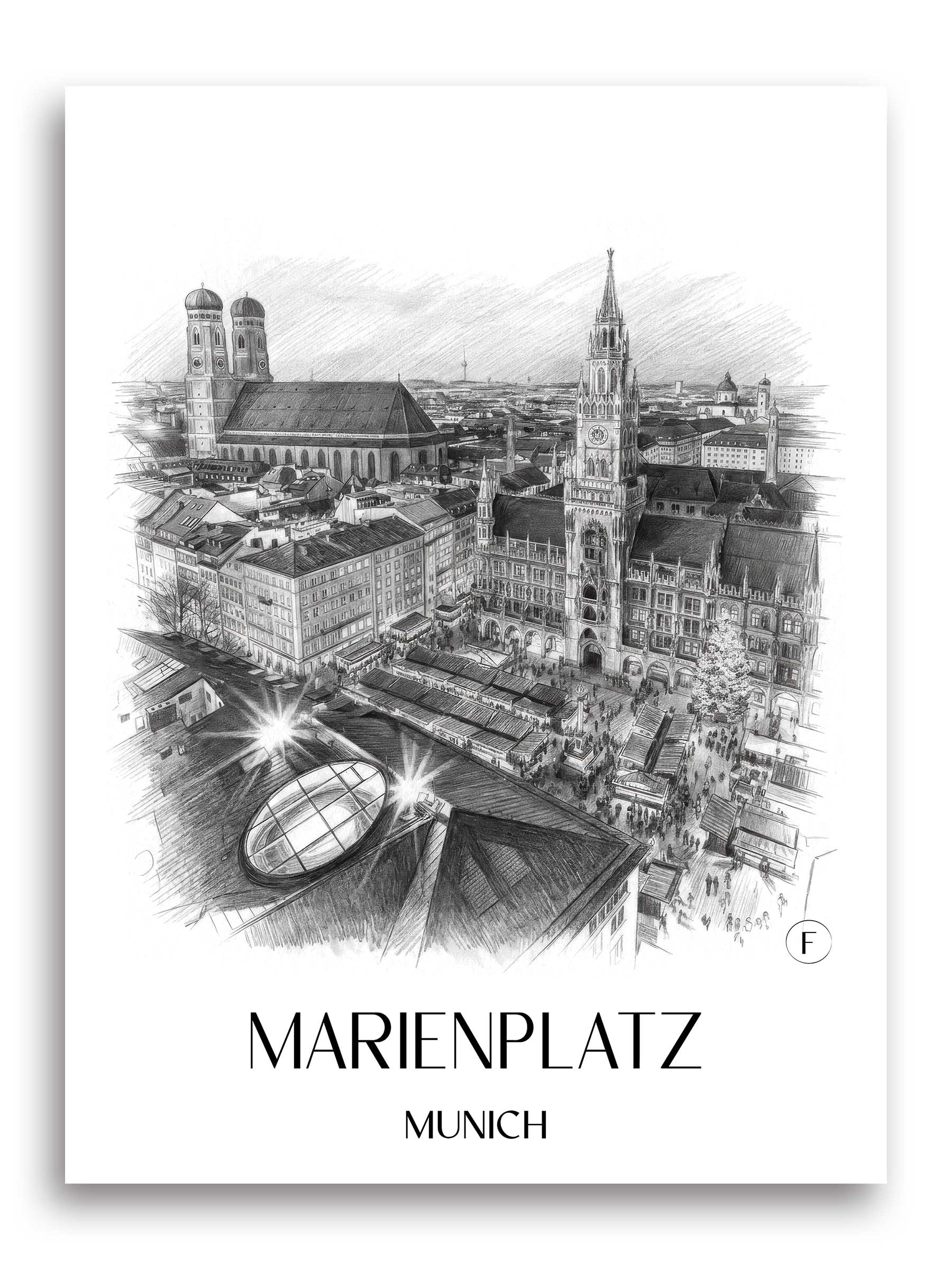 Marienplatz Poster - München - Deutschland Kunstdruck - Zeichnung von A4 bis A1