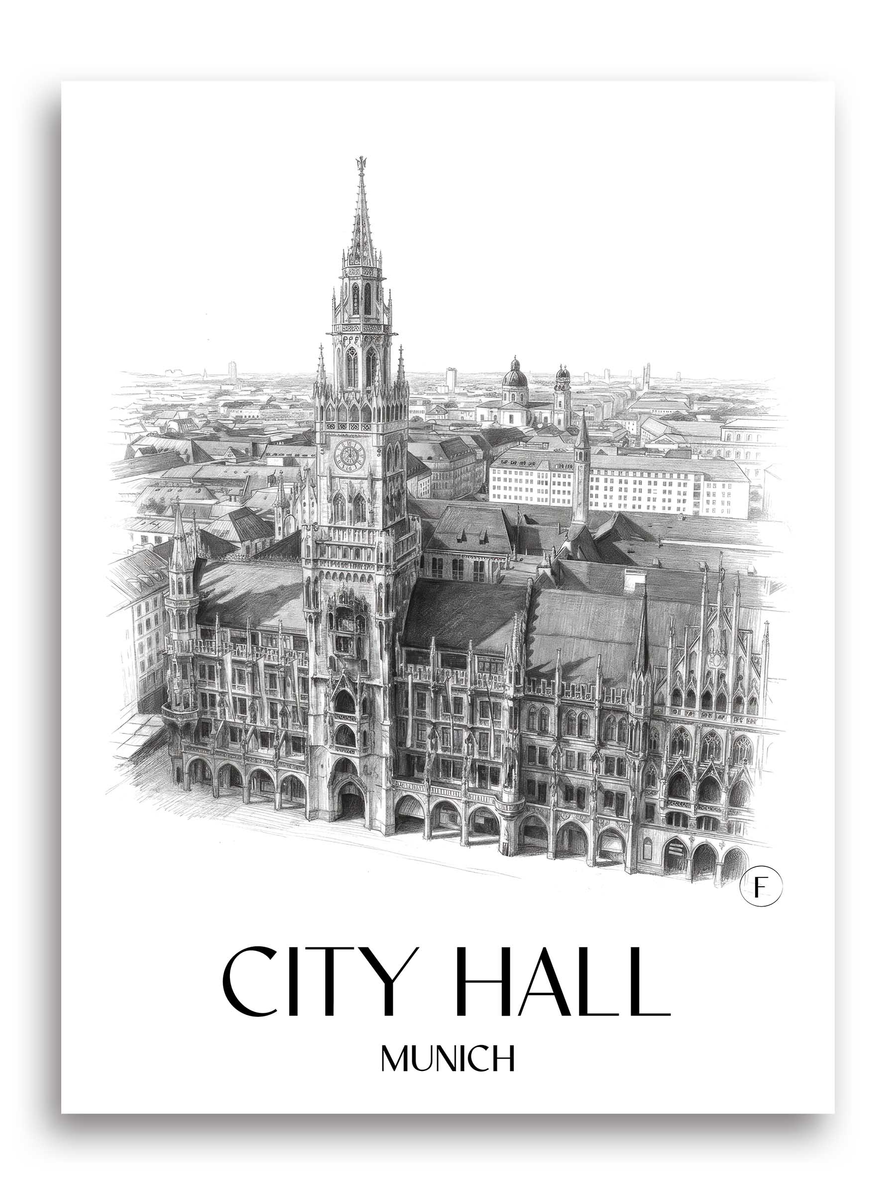 Rathaus Poster - München - Deutschland Kunstdruck - Zeichnung von A4 bis A1
