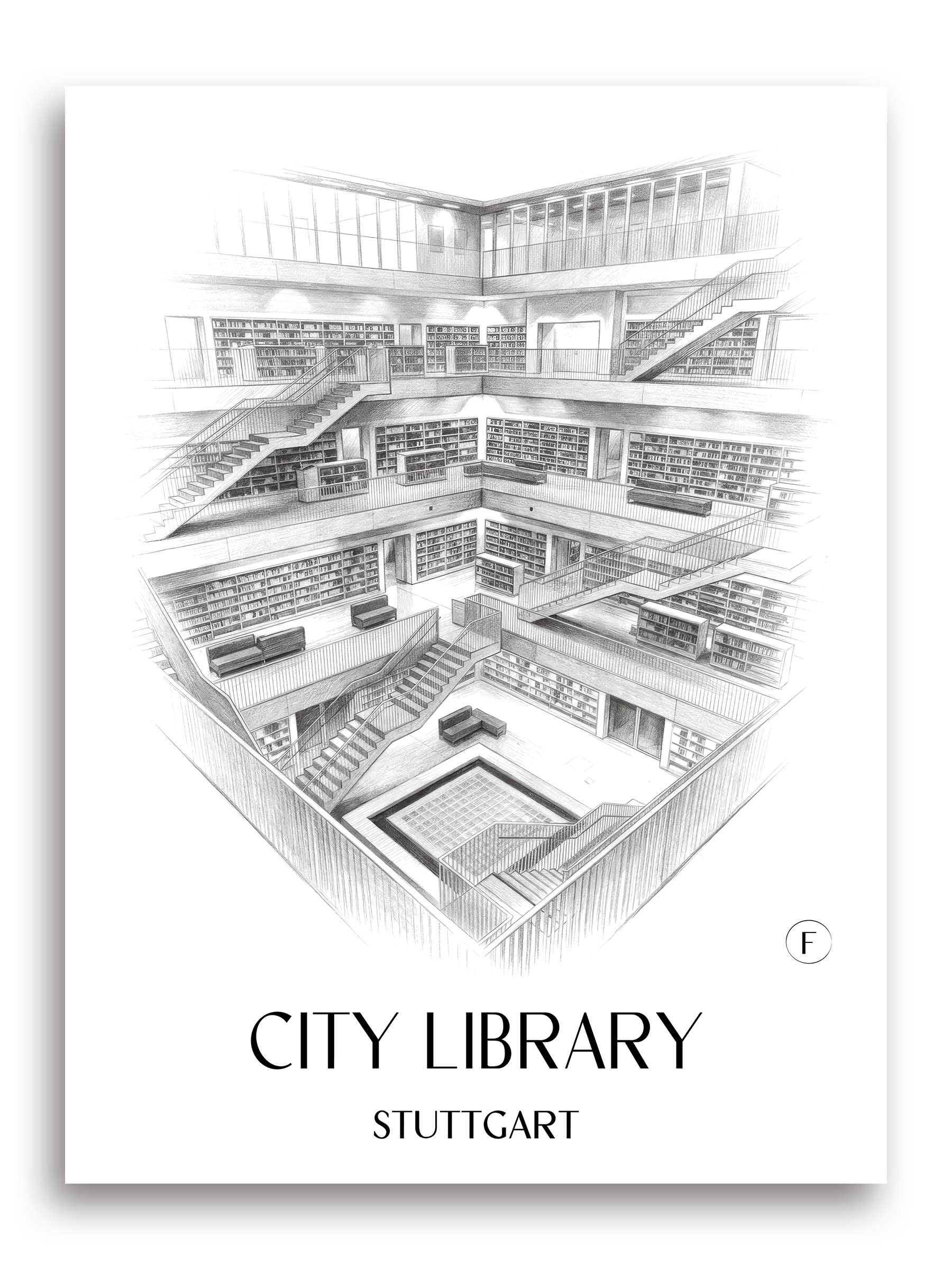 Stadtbibiothek Poster - Stuttgart - Deutschland Kunstdruck - Zeichnung von A4 bis A1