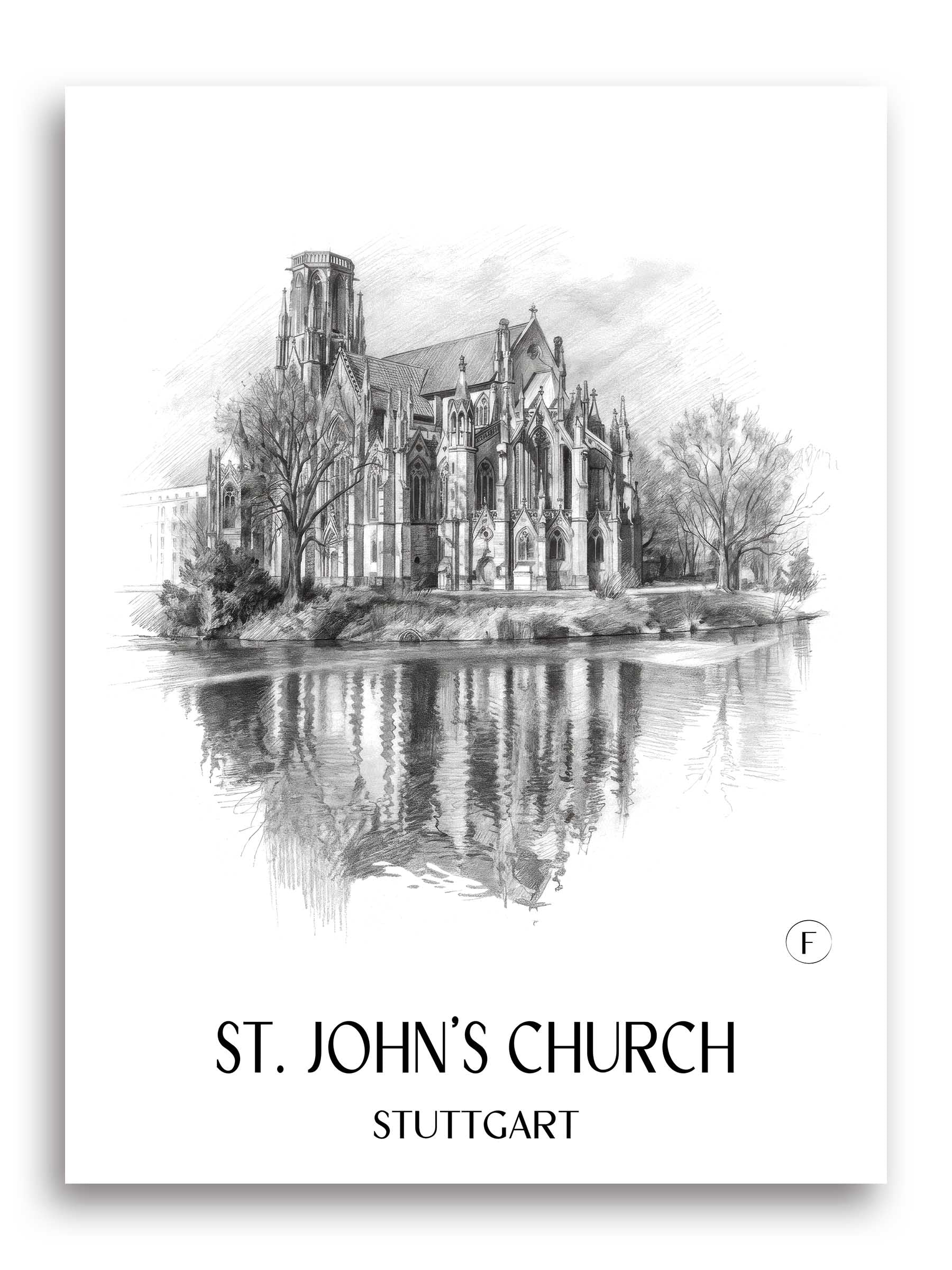 Johanneskirche Poster - Stuttgart - Deutschland Kunstdruck - Zeichnung von A4 bis A1
