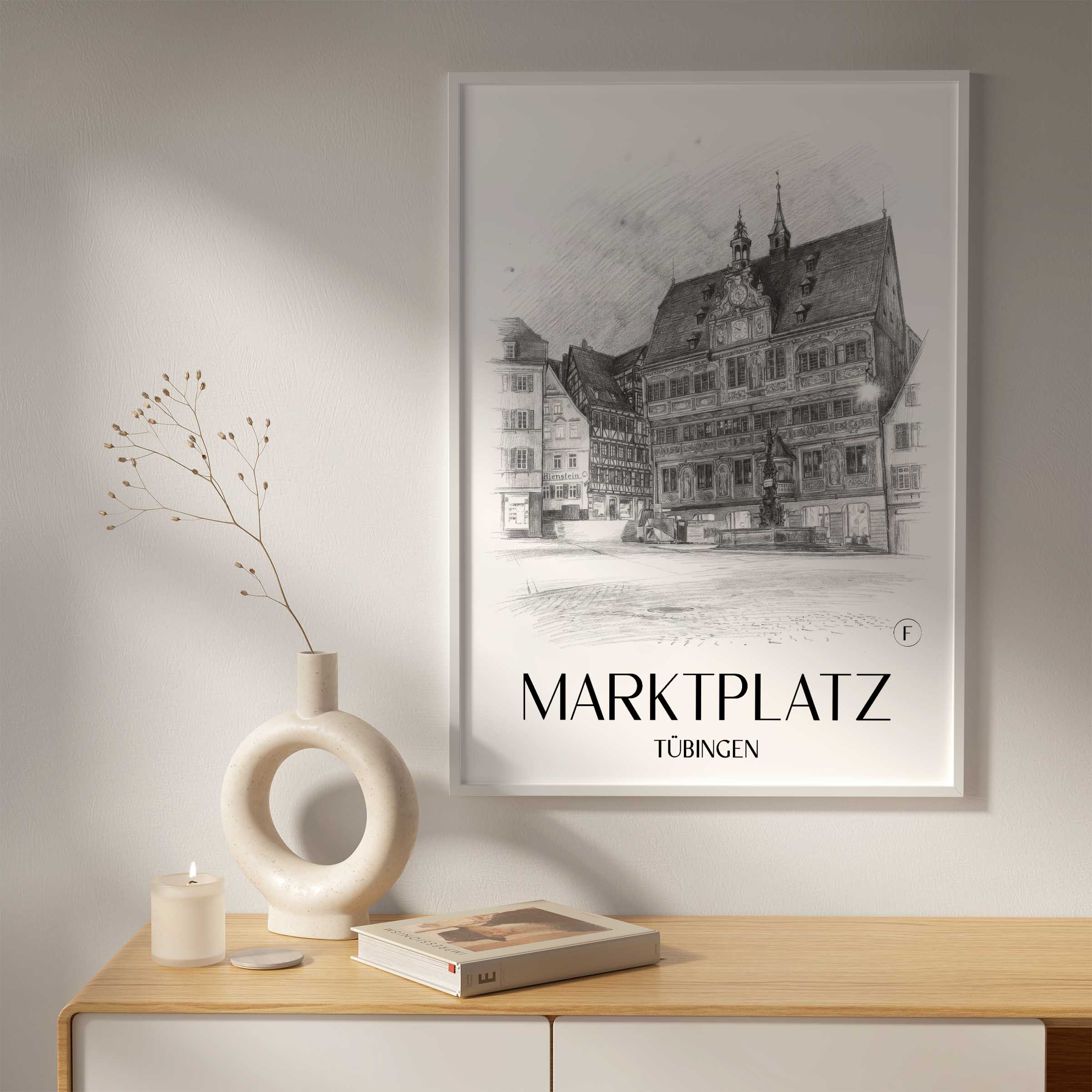 marktplatz-tübingen-deutschland-poster-bleistift-zeichnung-drawing