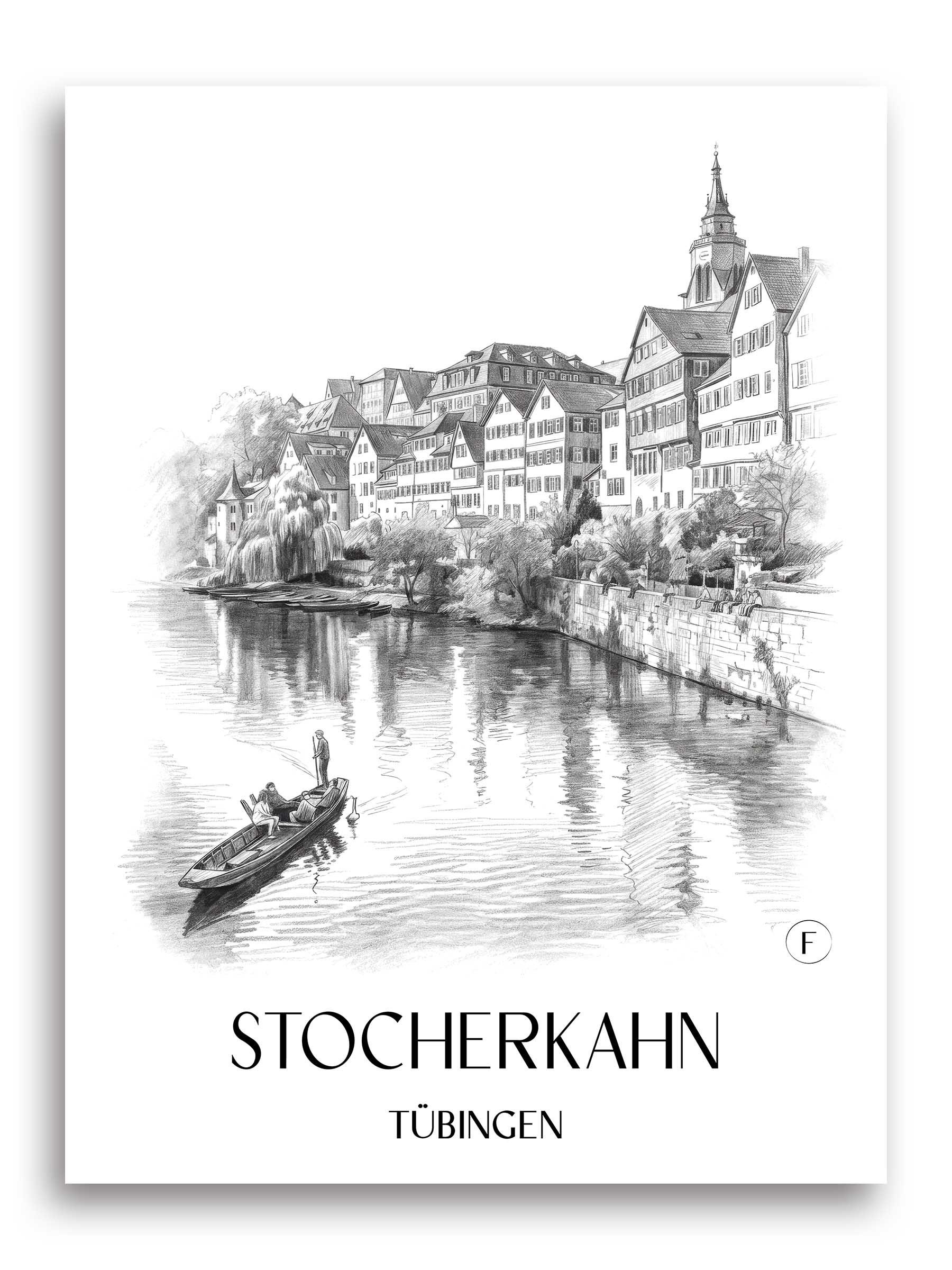 stocherkahn-tübingen-deutschland-poster-bleistift-zeichnung-drawing