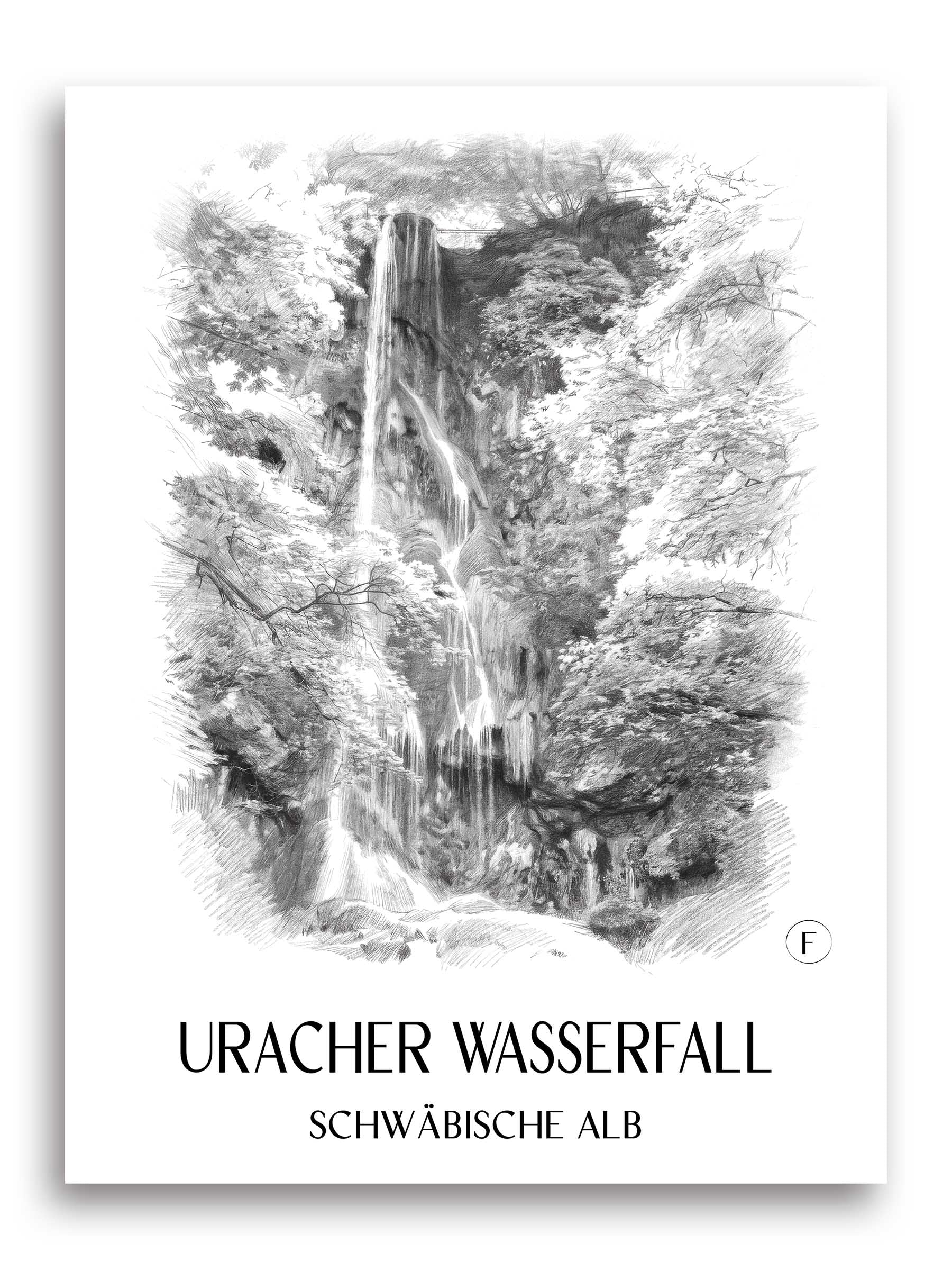uracher-wasserfall-schwäbische-alb-deutschland-poster-bleistift-zeichnung-drawing