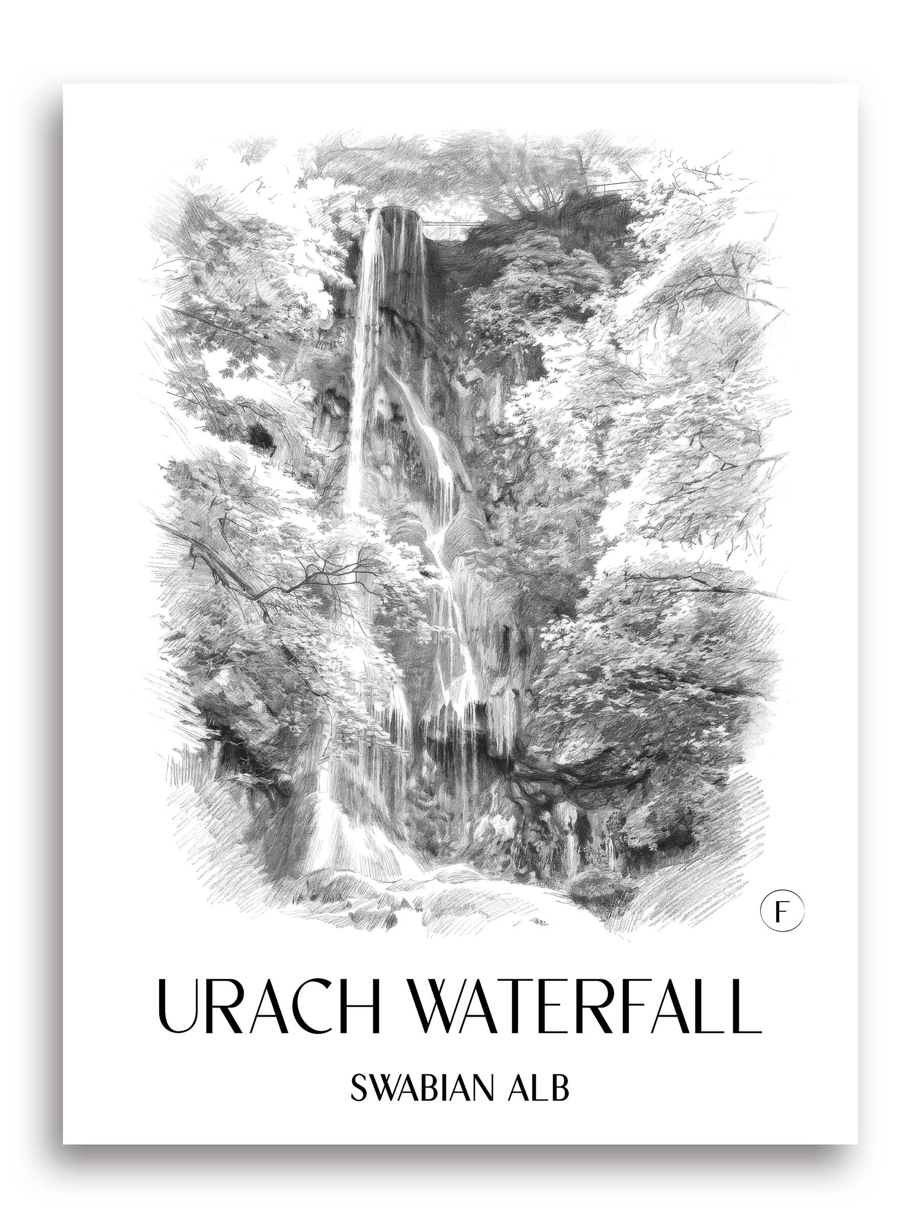 Uracher Wasserfall Poster - Schwäbische Alb - Deutschland Kunstdruck - Zeichnung von A4 bis A1