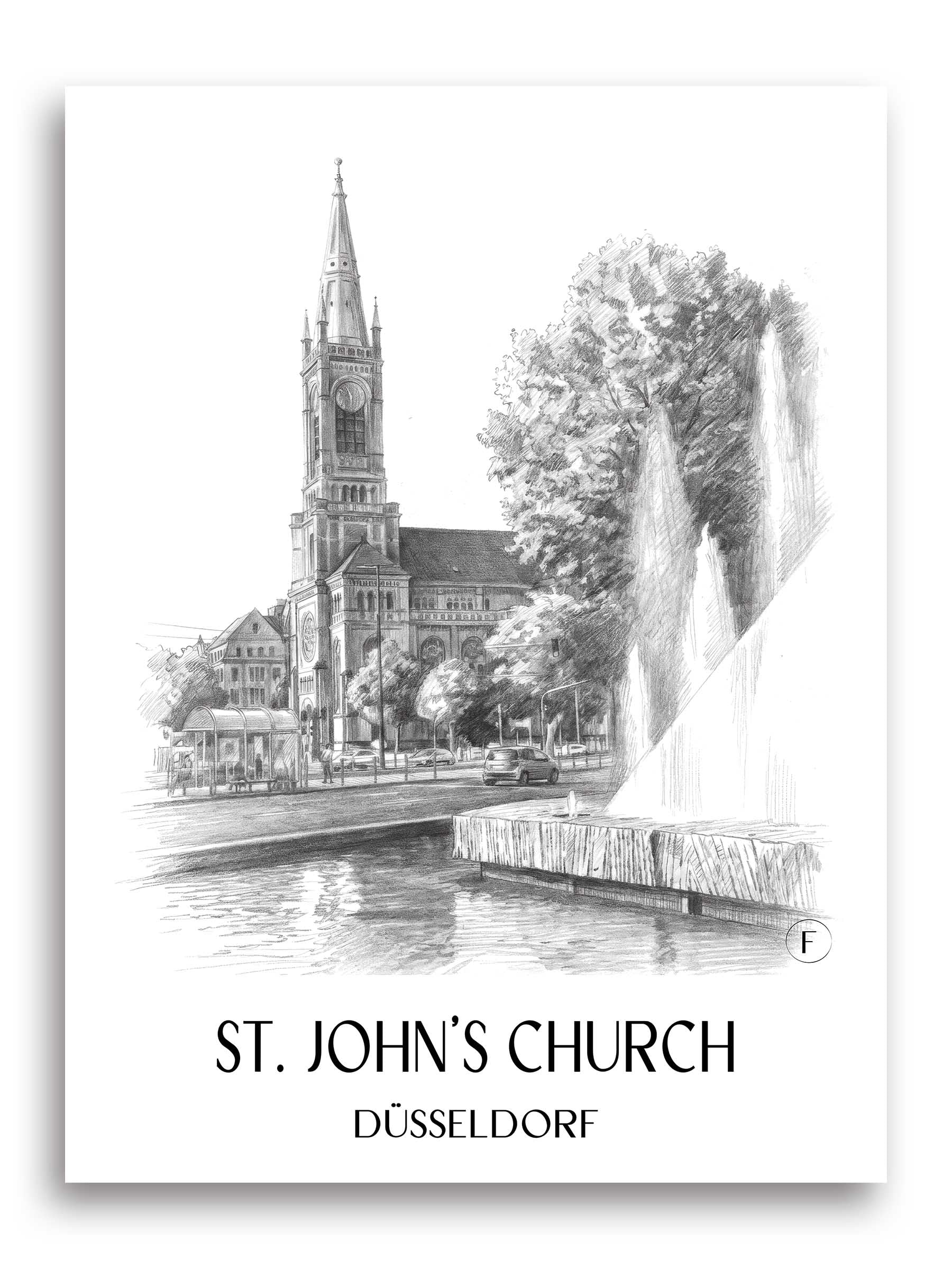 Johanneskirche Poster - Düsseldorf - Deutschland Kunstdruck - Zeichnung von A4 bis A1