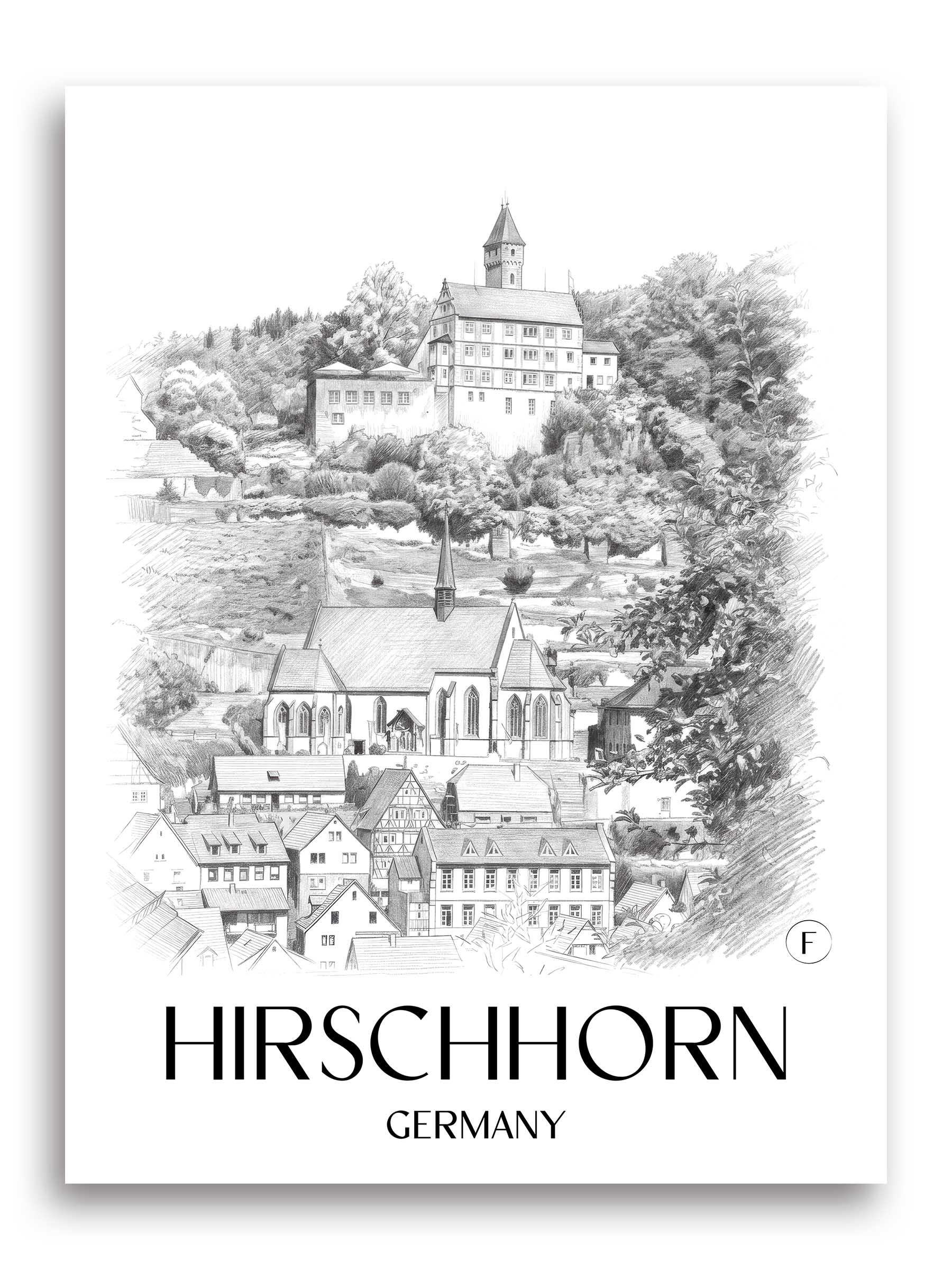 Hirschhorn Poster - Odenwald - Deutschland Kunstdruck - Zeichnung von A4 bis A1