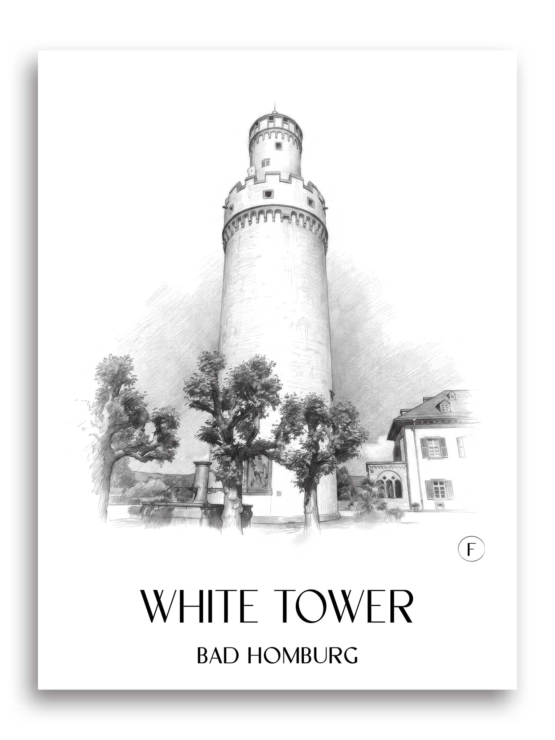 Weißer Turm Poster - Bad Homburg - Deutschland Kunstdruck - Zeichnung von A4 bis A1