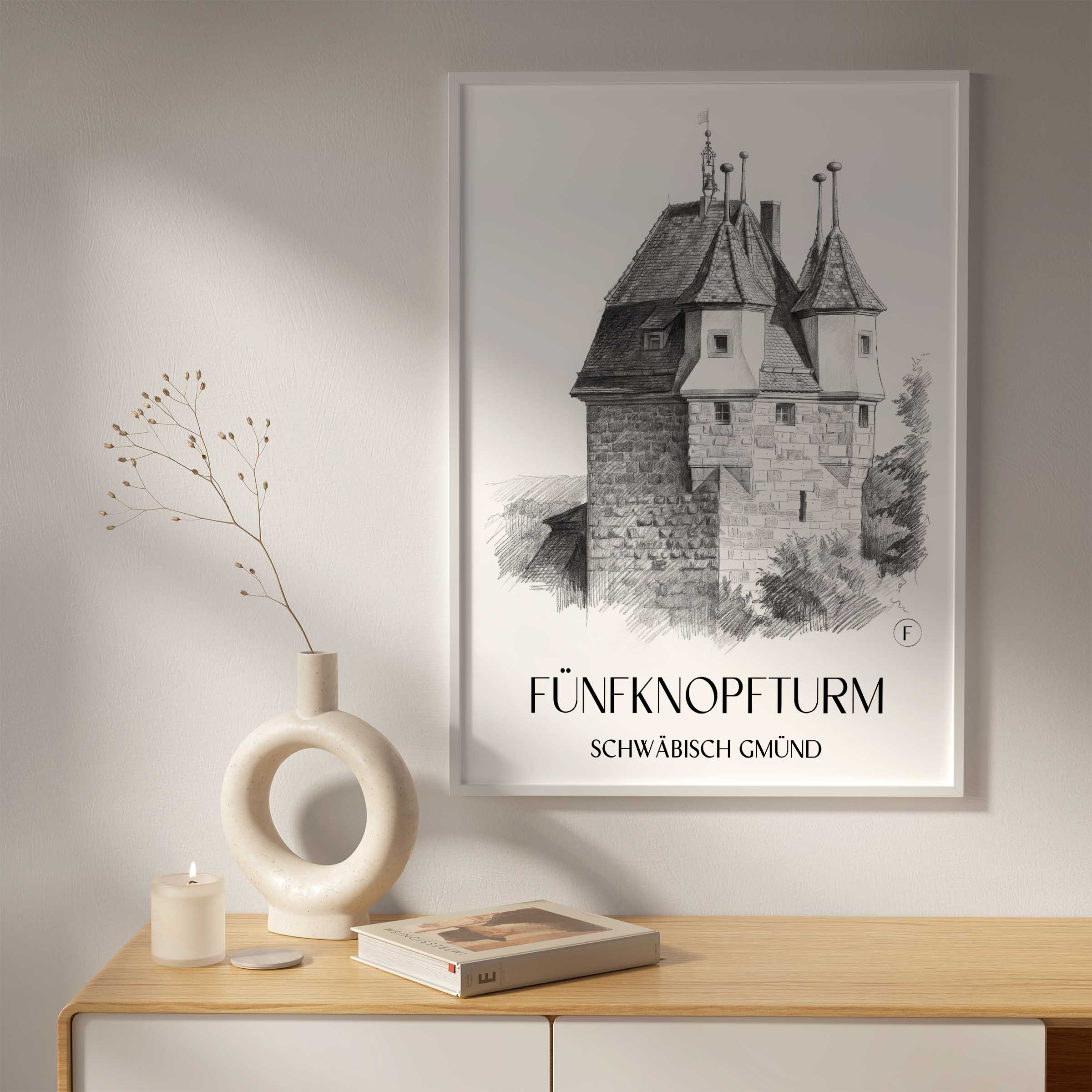 fünfknopfturm-schwäbisch-gmünd-deutschland-poster-bleistift-zeichnung-drawing