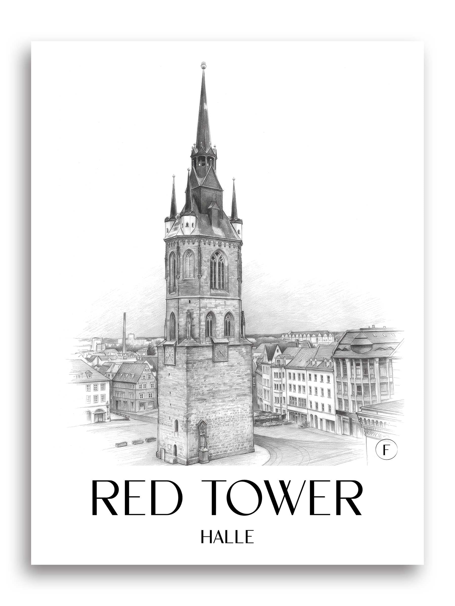 Roter Turm Poster - Halle - Deutschland Kunstdruck - Zeichnung von A4 bis A1