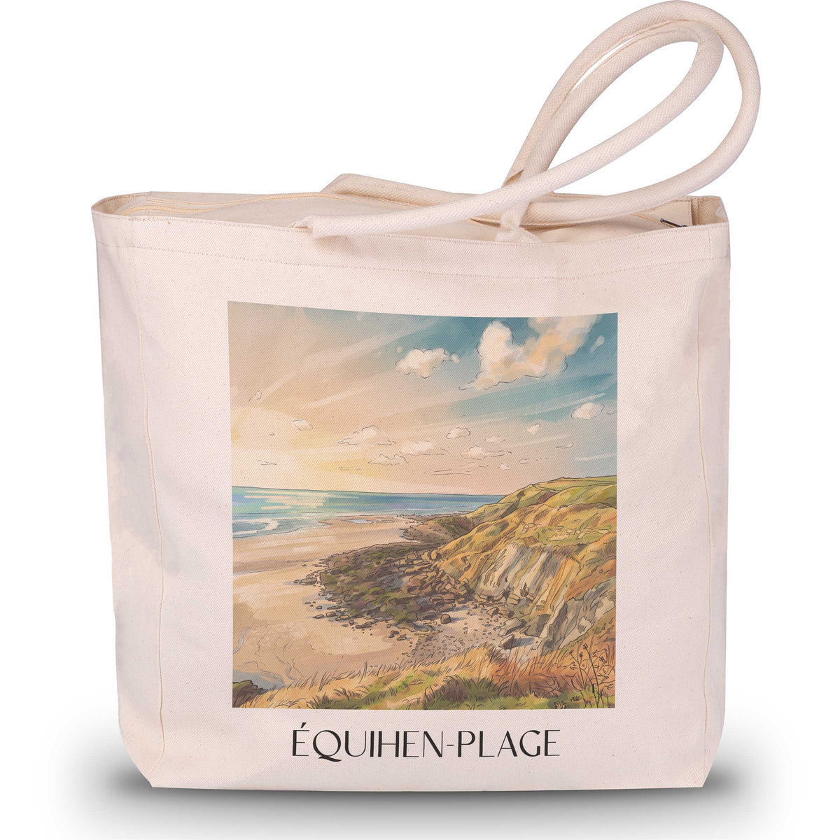 équihen-plage-côte-d'opale-frankreich-einkaufstasche-aquarell