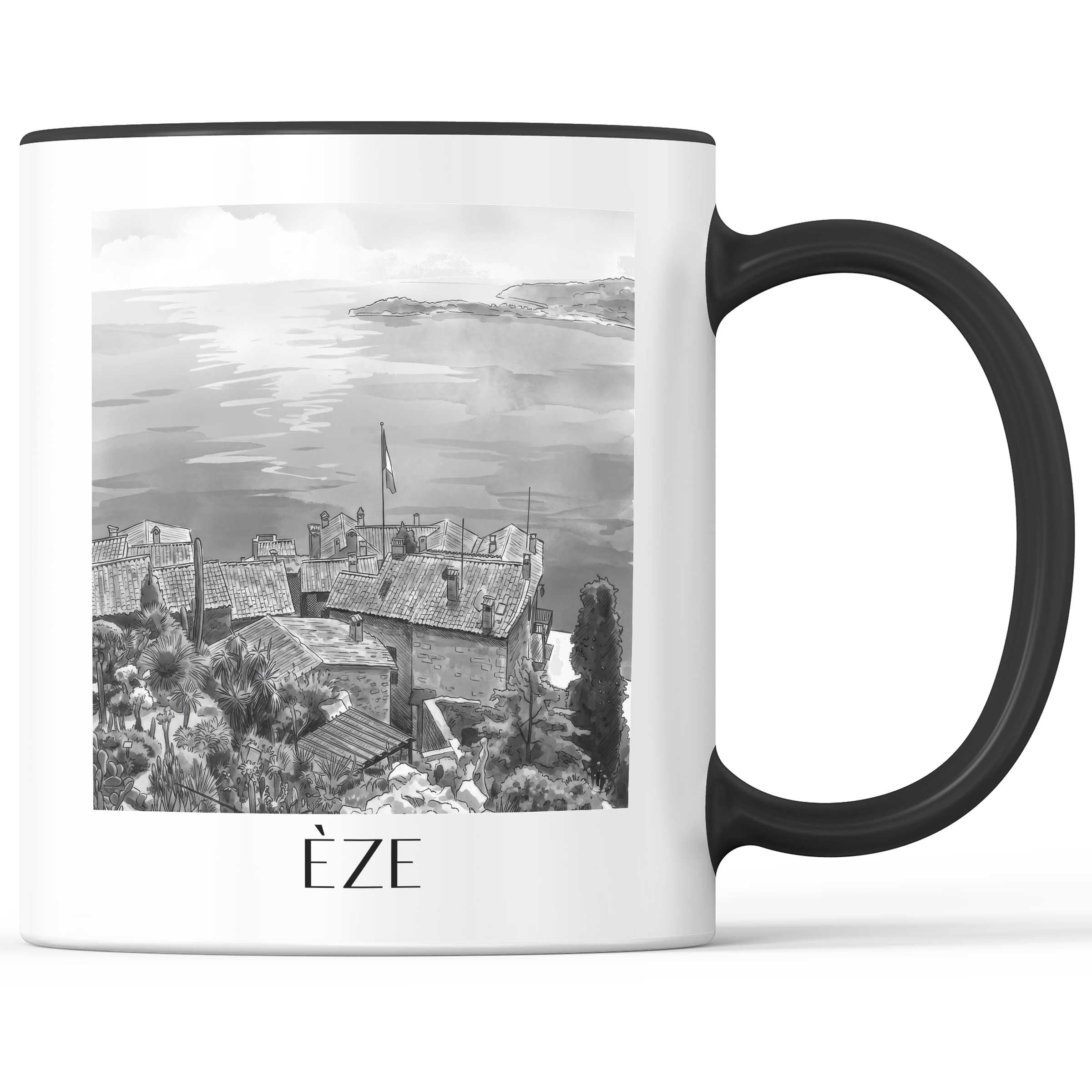 èze-frankreich-kaffeebecher-aquarell-schwarz-weiss