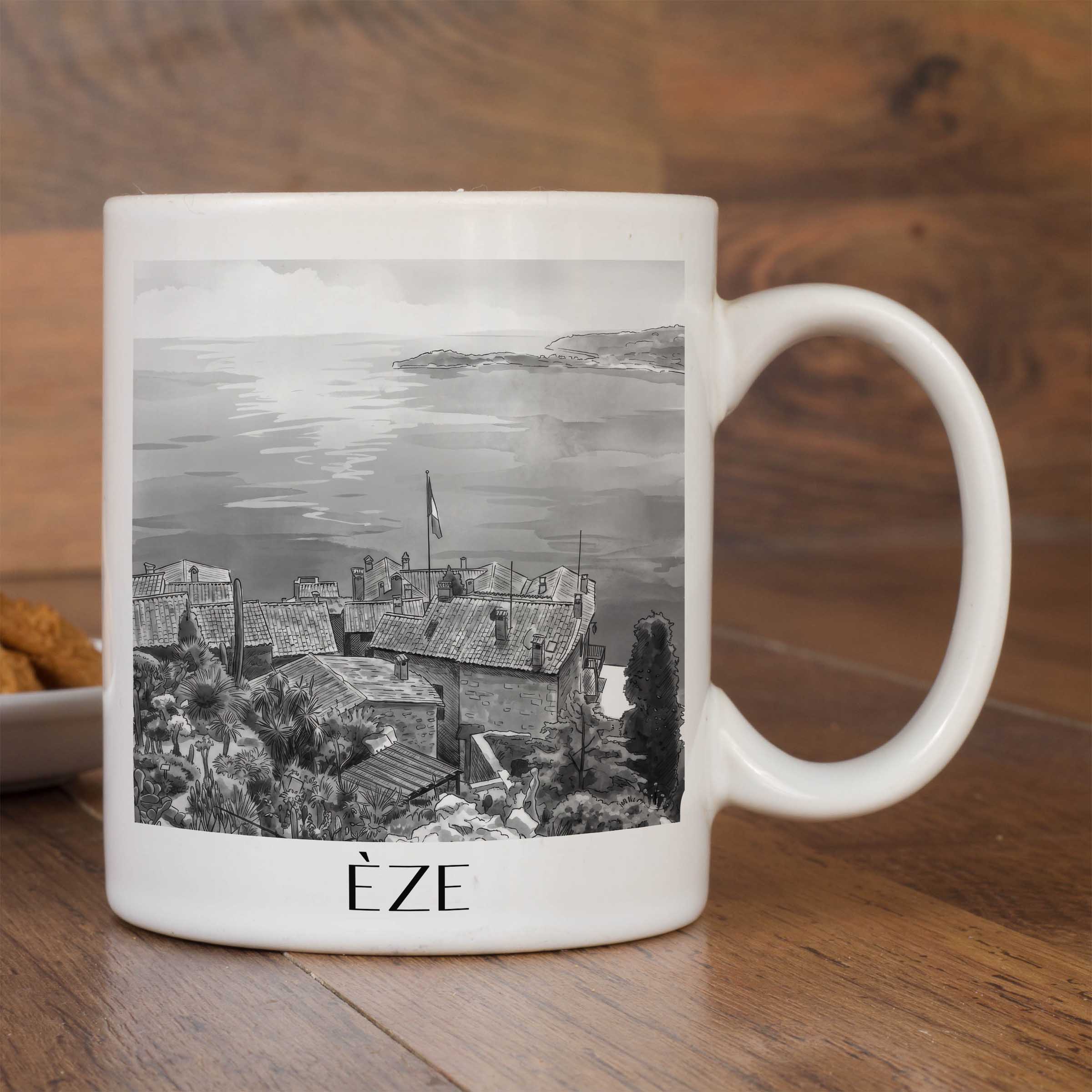 èze-frankreich-kaffeebecher-aquarell-schwarz-weiss