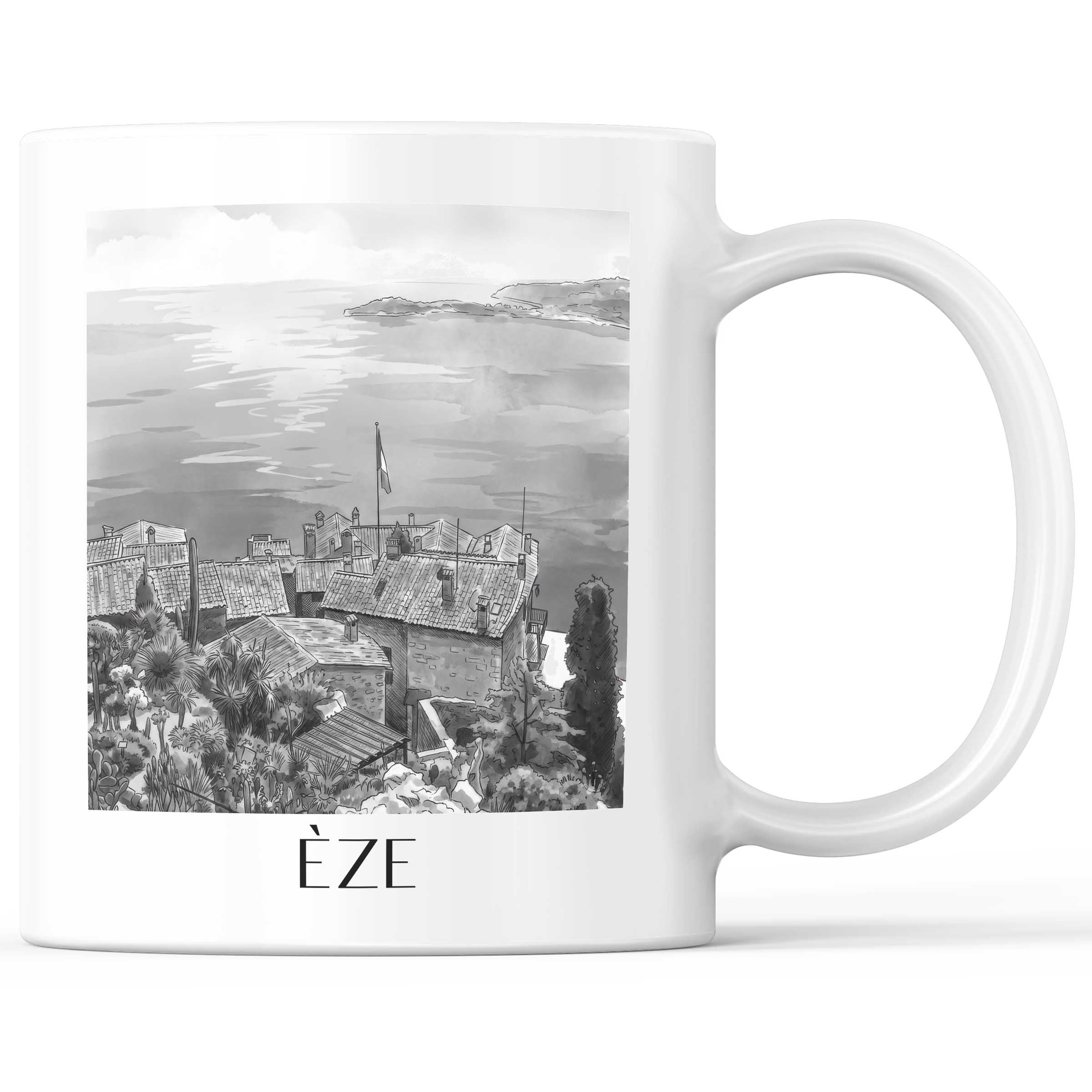Èze - Frankreich Becher - Kaffeetasse im Aquarell Schwarz-Weiß Stil - favplace