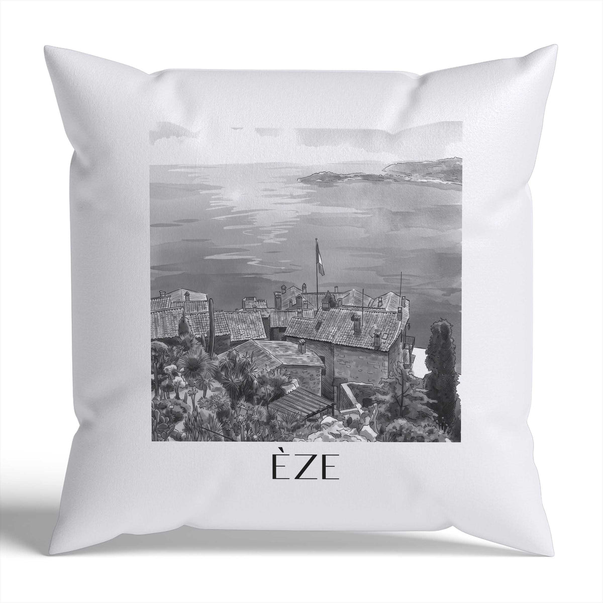 èze-frankreich-frankreich-kissenbezug-aquarell-schwarz-weiss