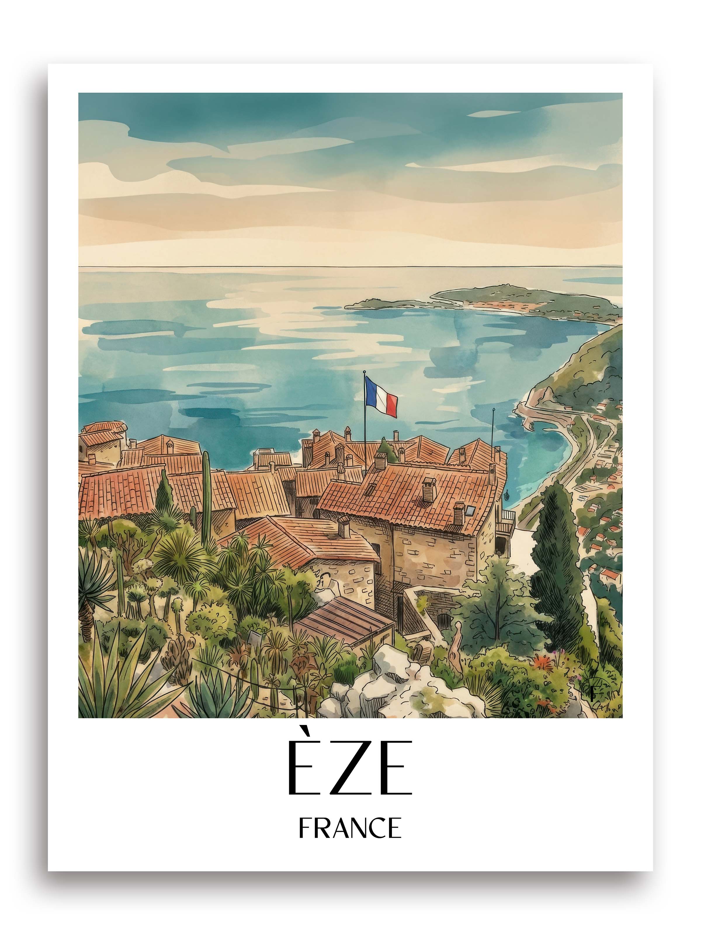 Èze Poster - Frankreich Kunstdruck - Aquarell von A4 bis A1 - favplace